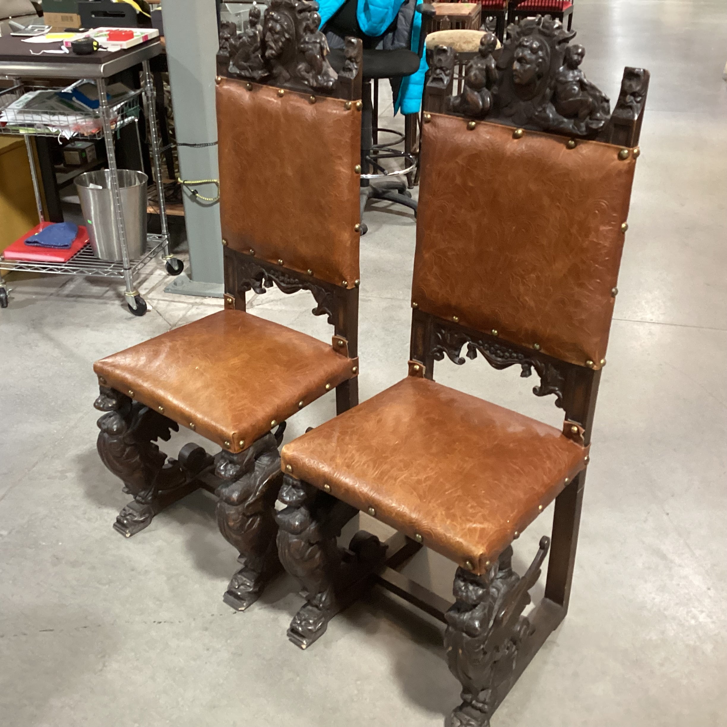 SET of 2 Antique Ornate Carved Wood & Embossed Leather Antique Chairs 20"x 20"x 48"