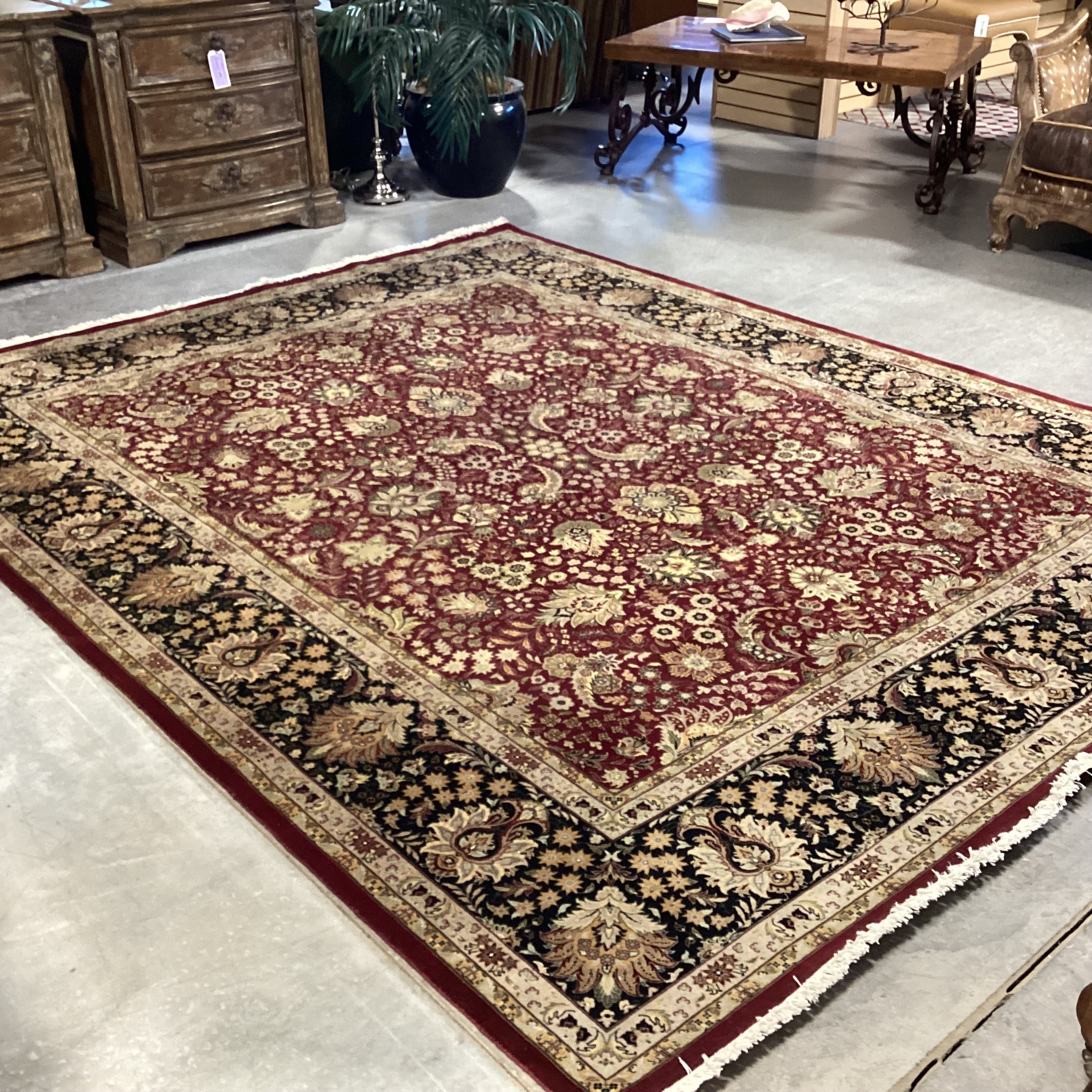 Red Black Floral with Border Hand Knotted Wool Rug 8'2"x 10'5"