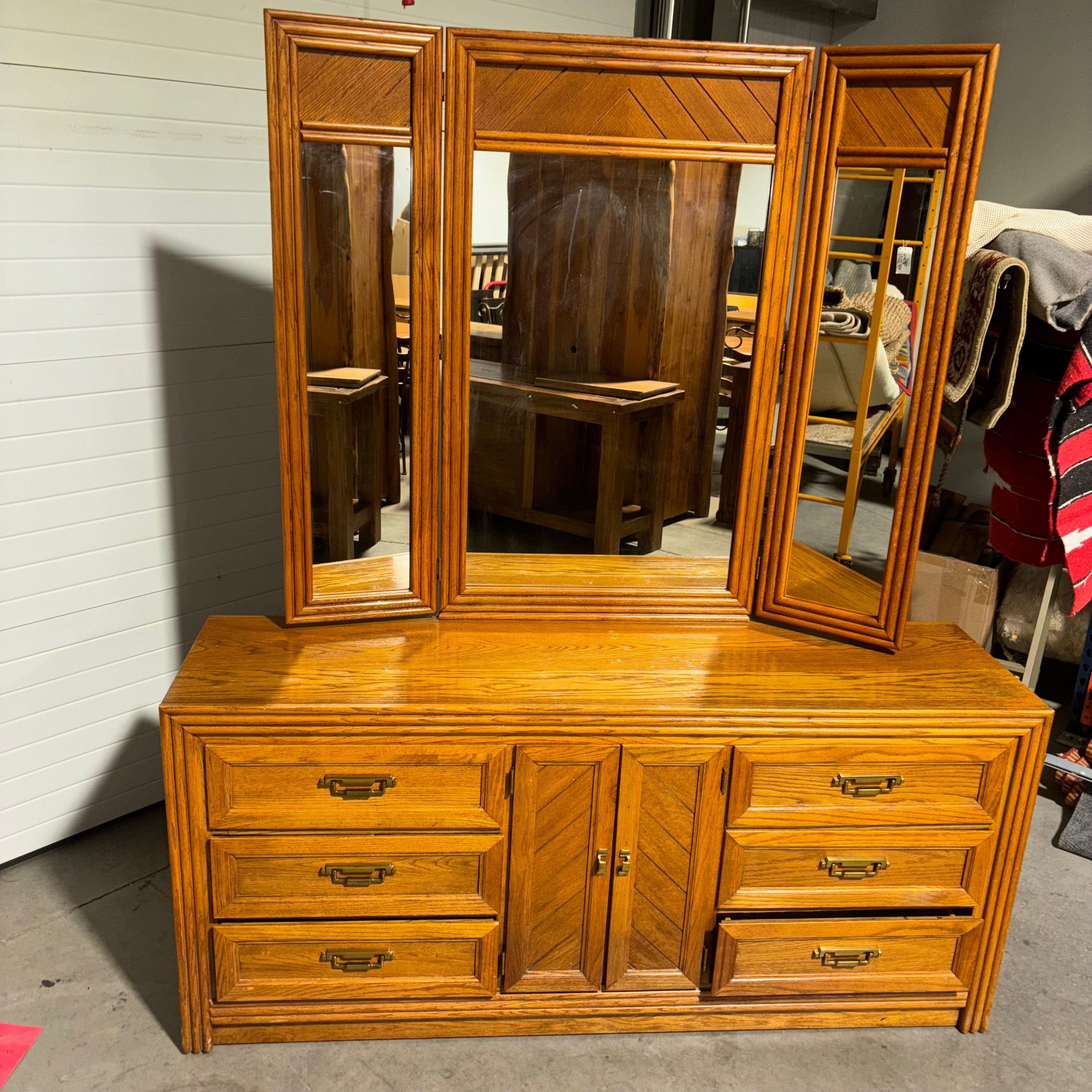 Lenoir House Finished Oak 9 Drawer with Mirror Dresser 66"x 18"x 30.5"