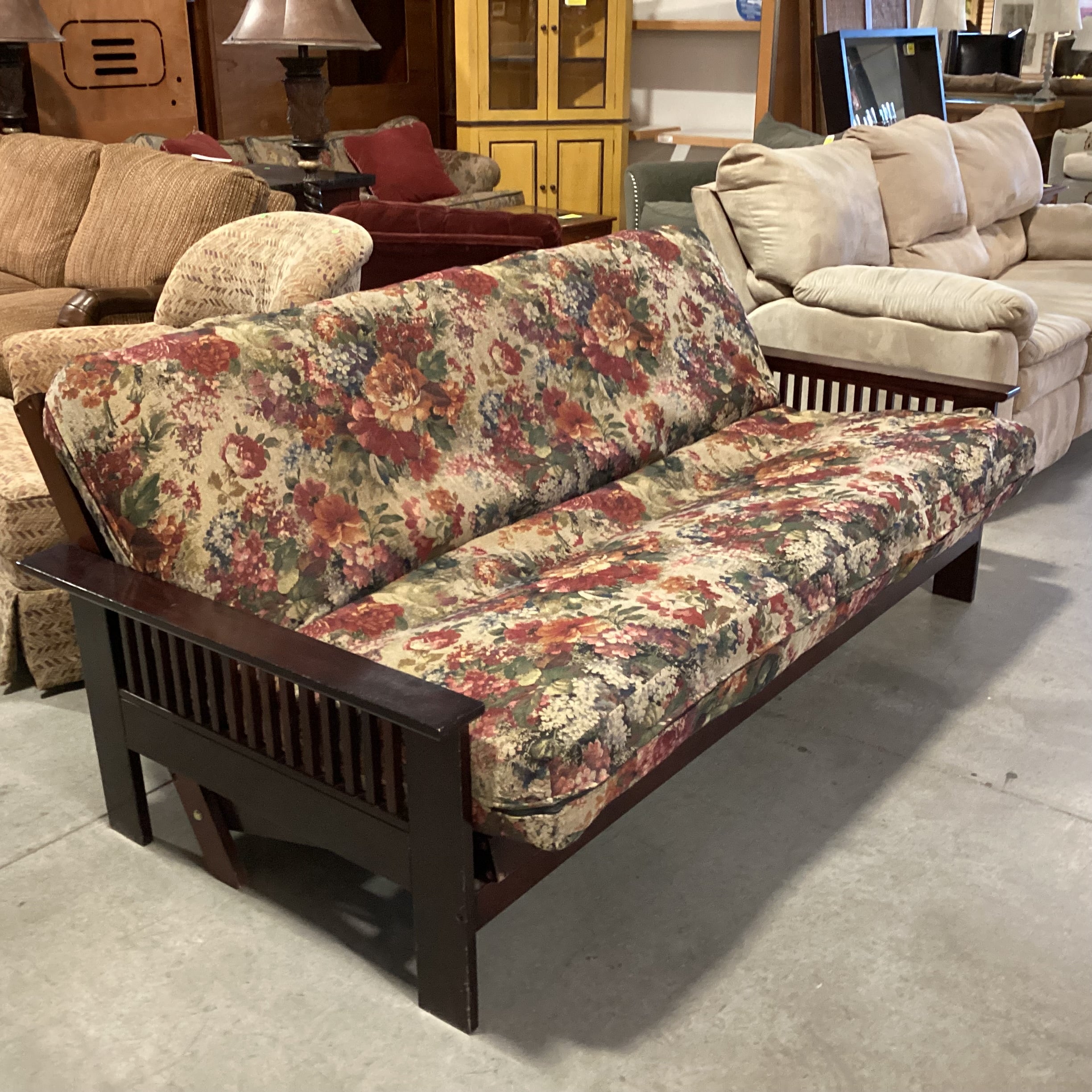 Dark Wood Frame & Red Green Floral Cushion Futon Sofa 81"x 46" to 55"x 33"