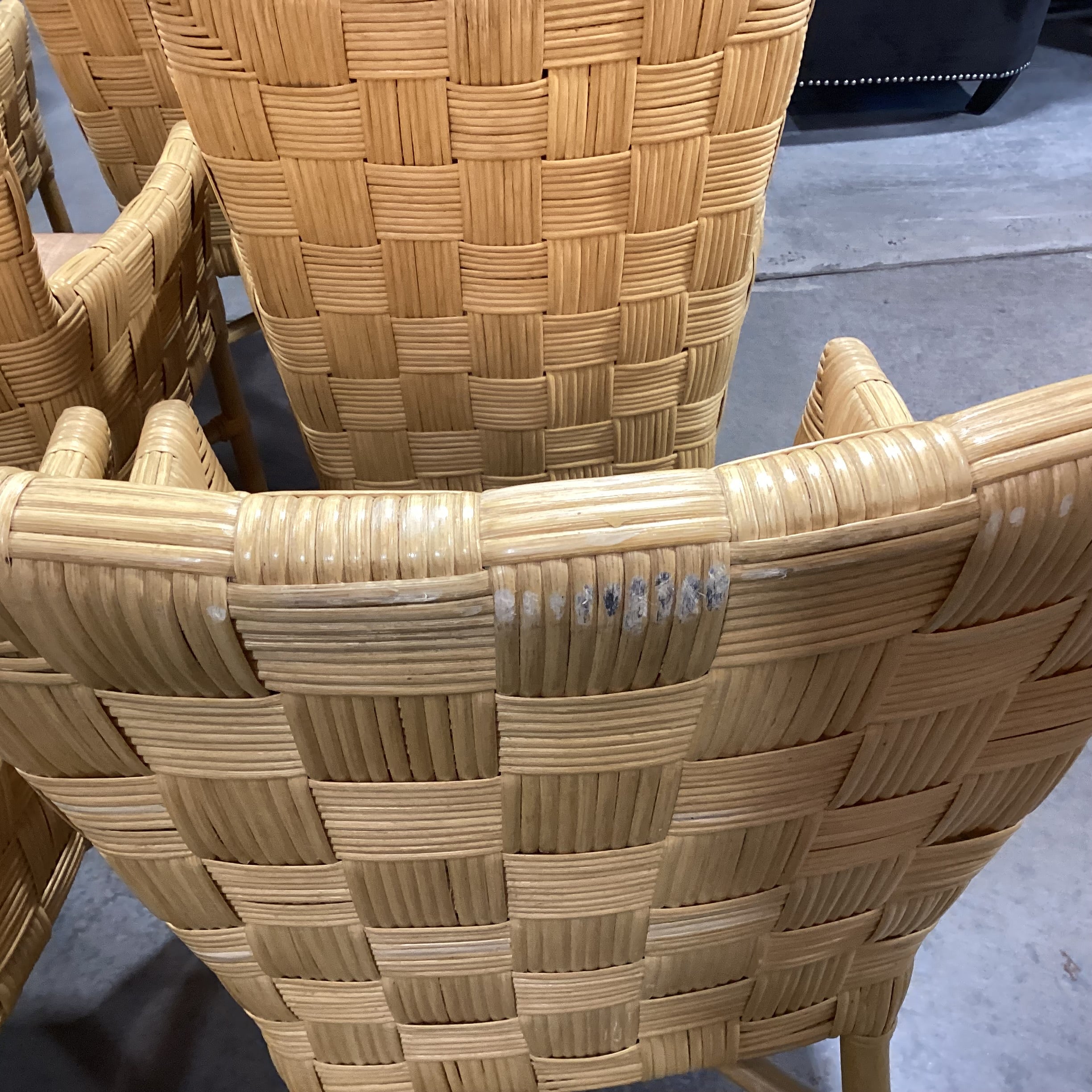 SET of 8 McGuire Style Square Basket Weave Rattan & Leather Strapping with Cushion Dining Chairs 24"x 26"x 36"