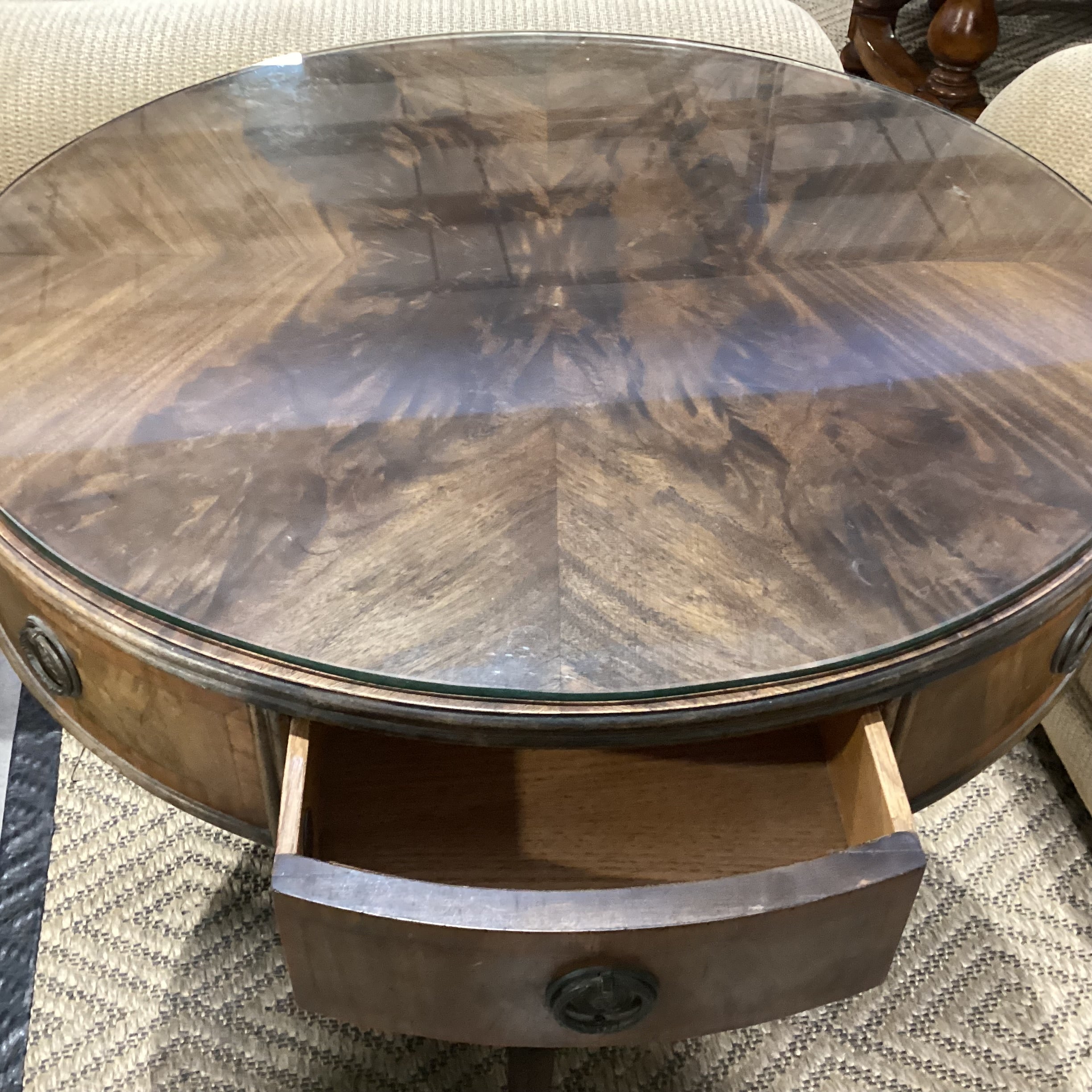 Antique Round Carved Wood &  Flamed Mahogany Veneer 4 Drawer Glass Top Accent Table 30" Diameter x 29.5"