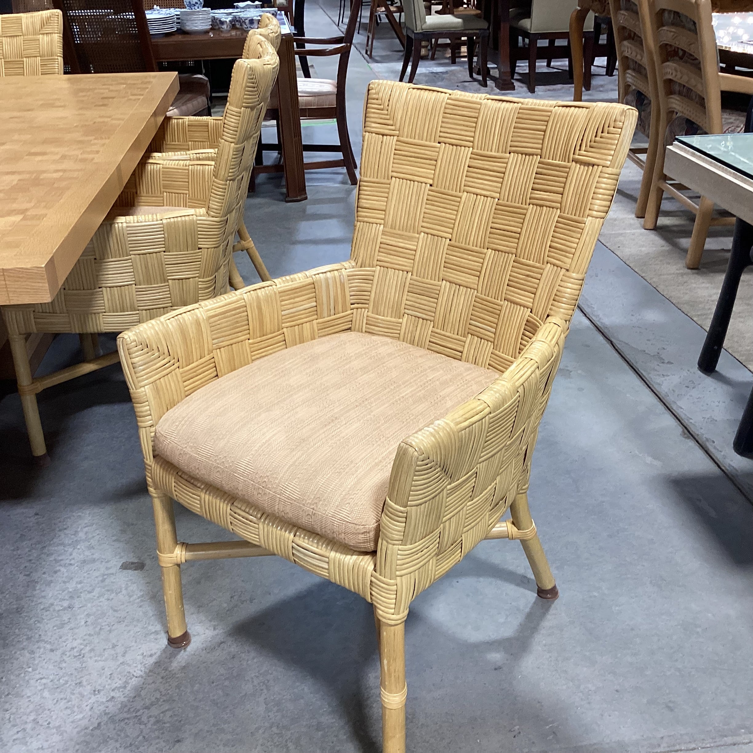 SET of 8 McGuire Style Square Basket Weave Rattan & Leather Strapping with Cushion Dining Chairs 24"x 26"x 36"