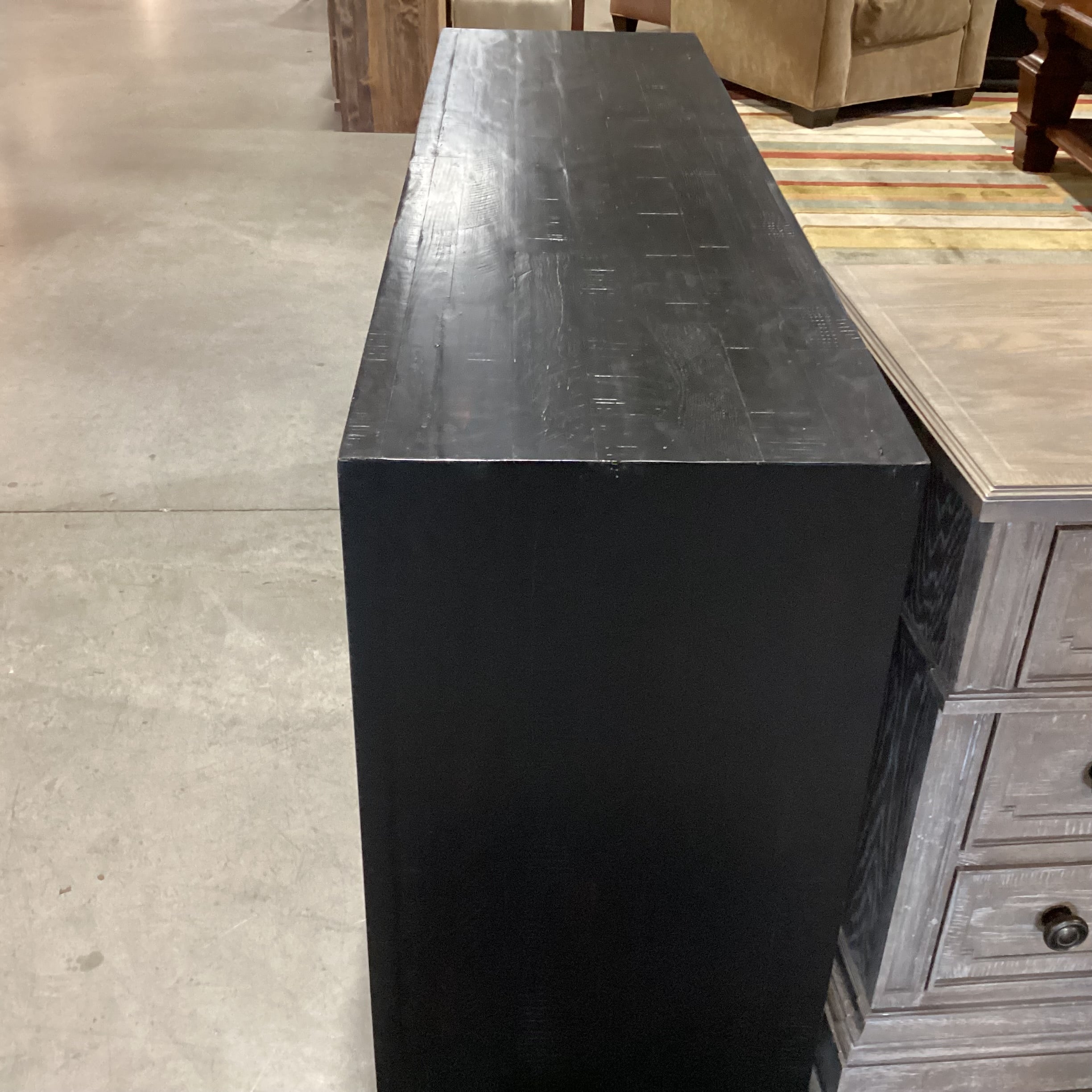 Four Hands Burnished Black Acacia Wood Antiqued Brass Rod Pulls 6 Drawer Suki Dresser 60"x 18"x 31.5"
