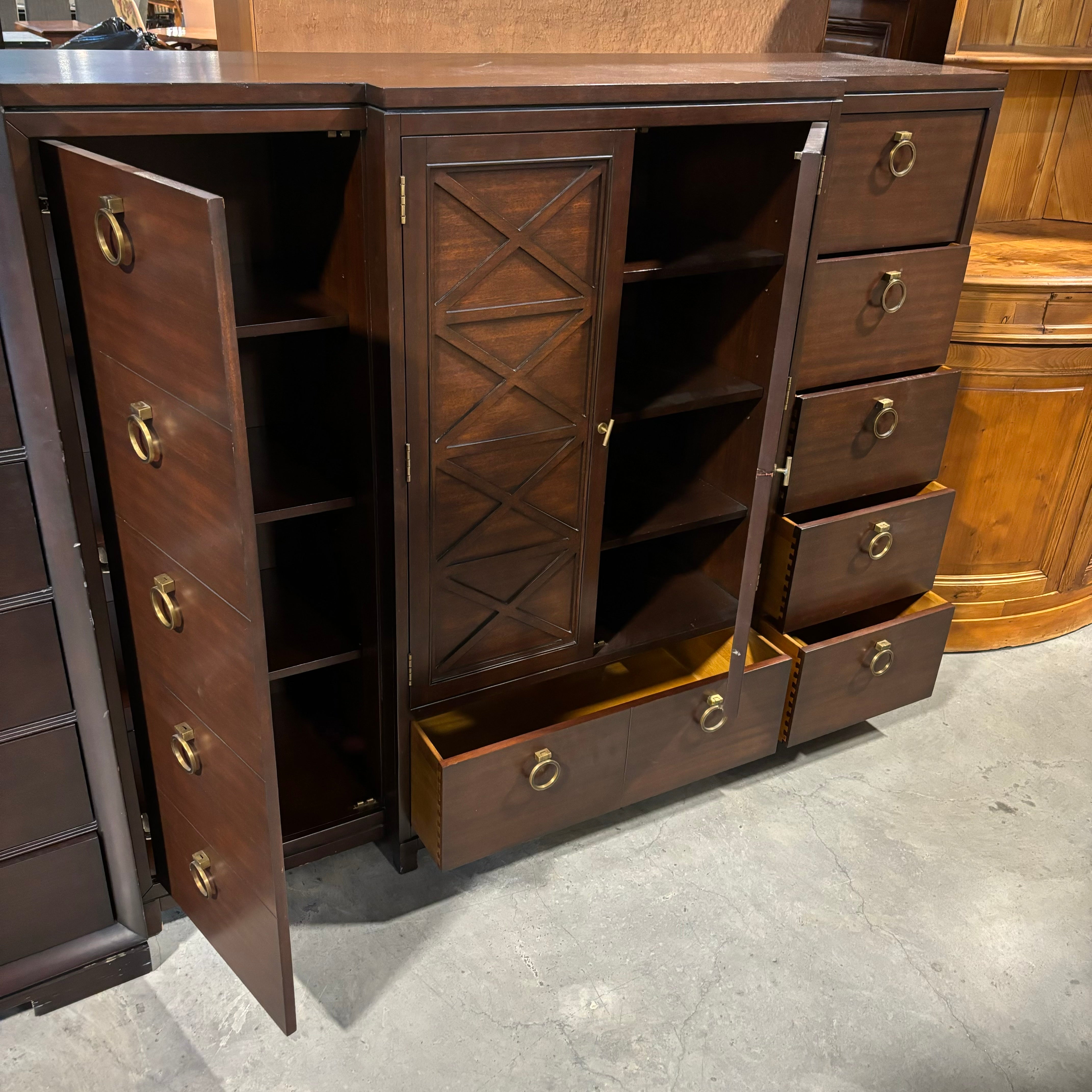 Designed by Michael Weiss for Vanguard Solid Dark Finish Wood 6 Drawer 3 Door with Brass Pulls Wardrobe Dresser 70"x 21"x 56"