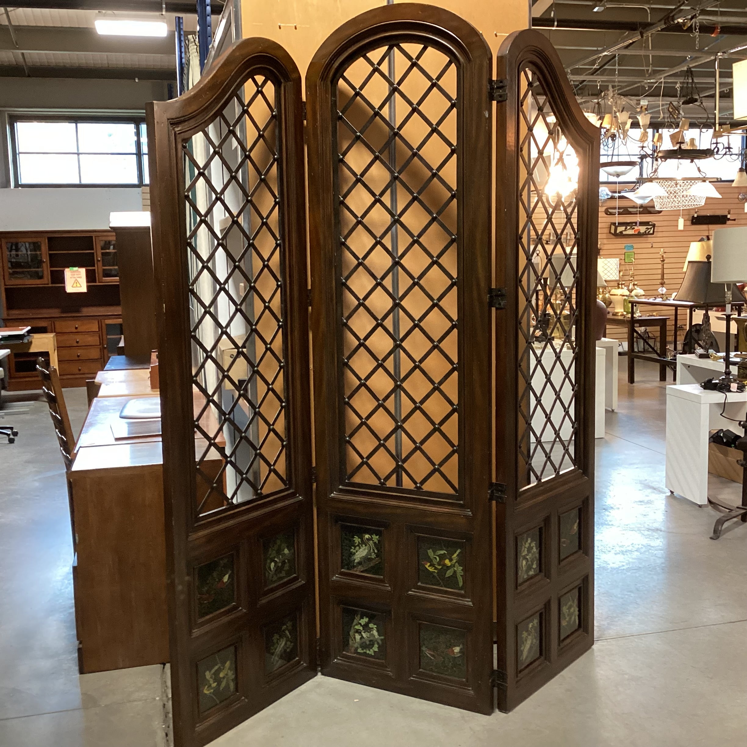 Maitland Smith Carved Wood Metal Lattice & Bird Painted Glass Panes 3 Panel Room Divider 26"x 91.5" Per Panel