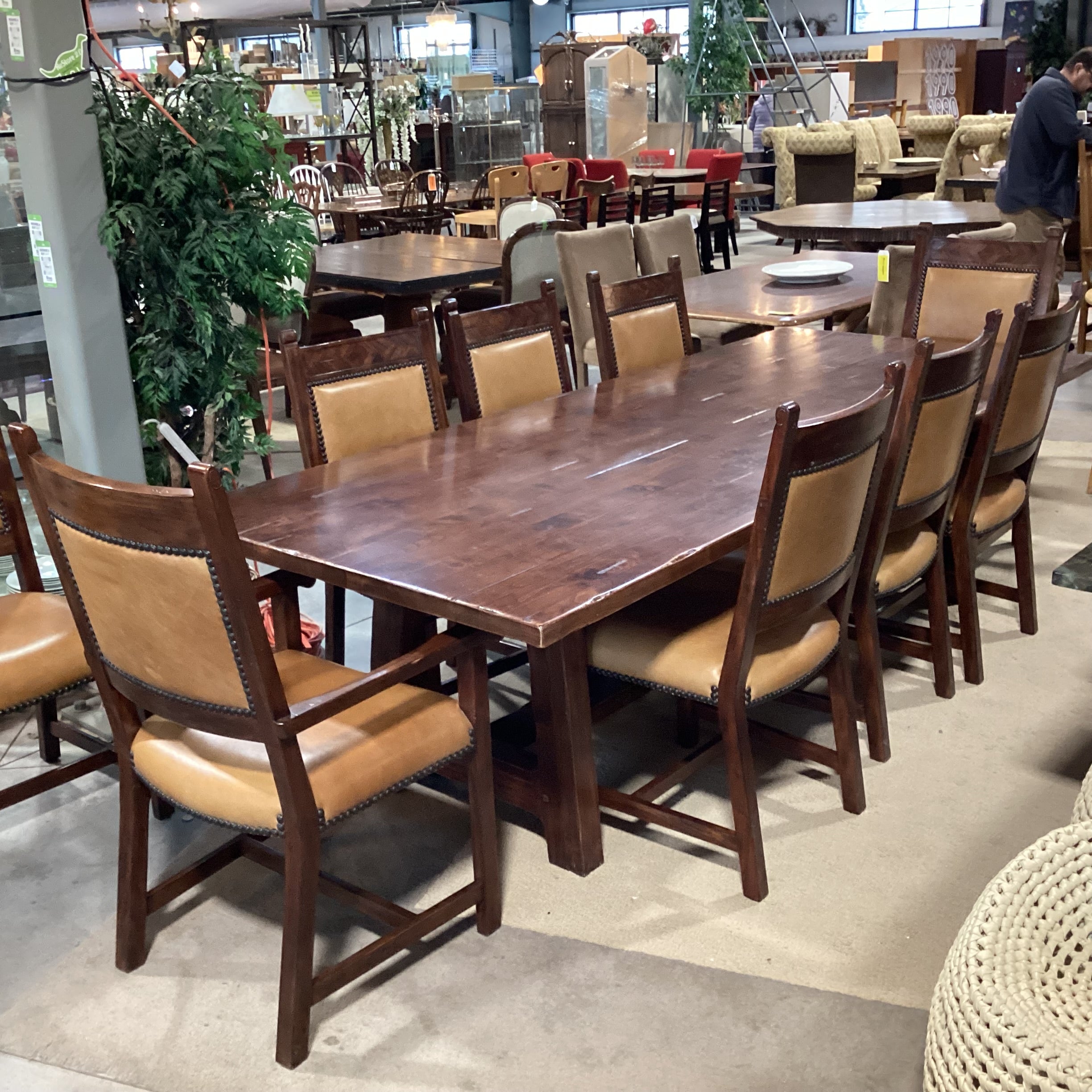 Theodore Alexander Rustic Distressed Trestle Table & 10 Leather Nailhead Carved Wood Chairs Dining Set 108"x 44"x 31"