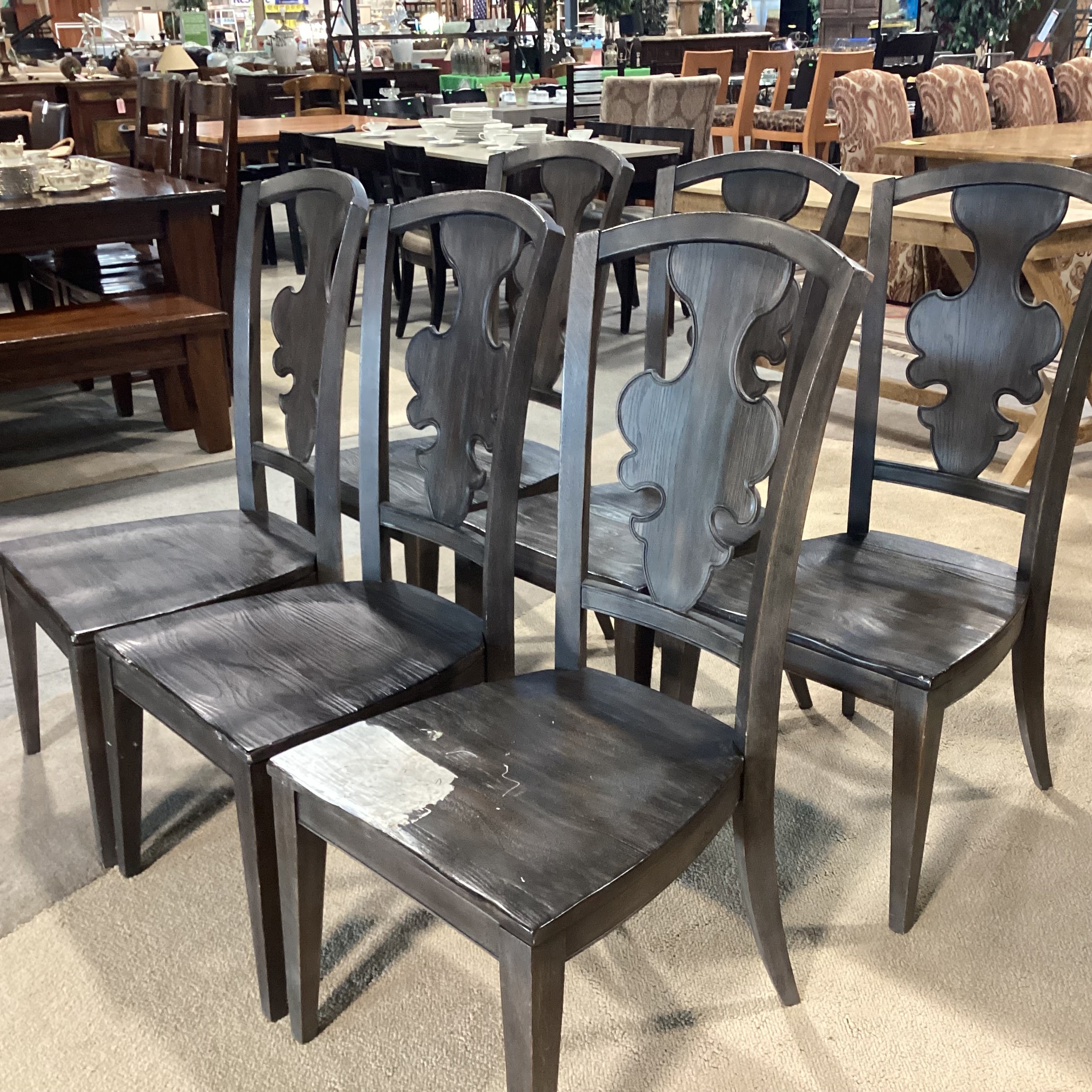 SET of 6 French Country Grey Washed Wood with Detail Back Dining Chairs 19"x 20"x 41.5"