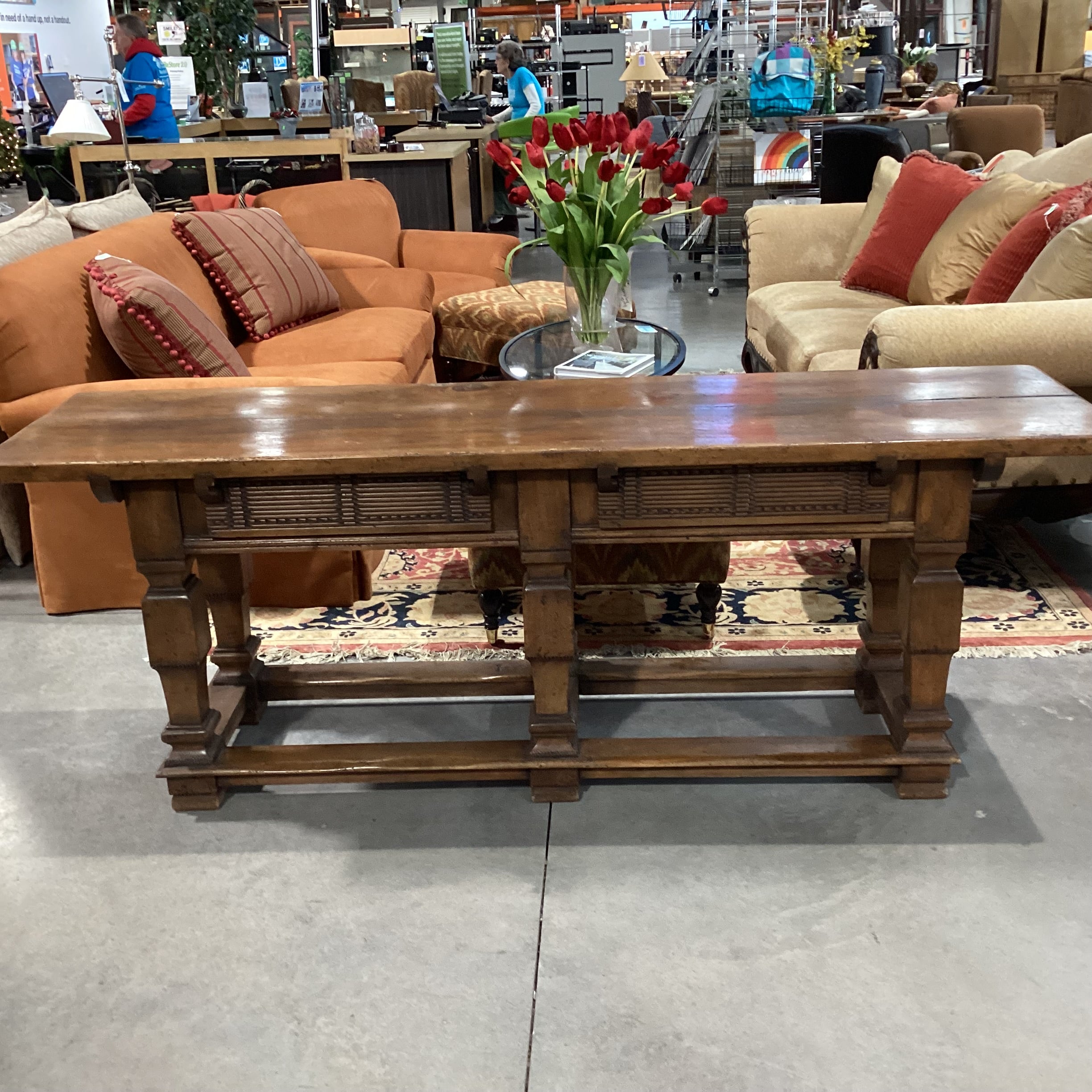 Rustic Distressed Solid Carved Wood 2 Drawer Console Sofa Table 82"x 22"x 30"