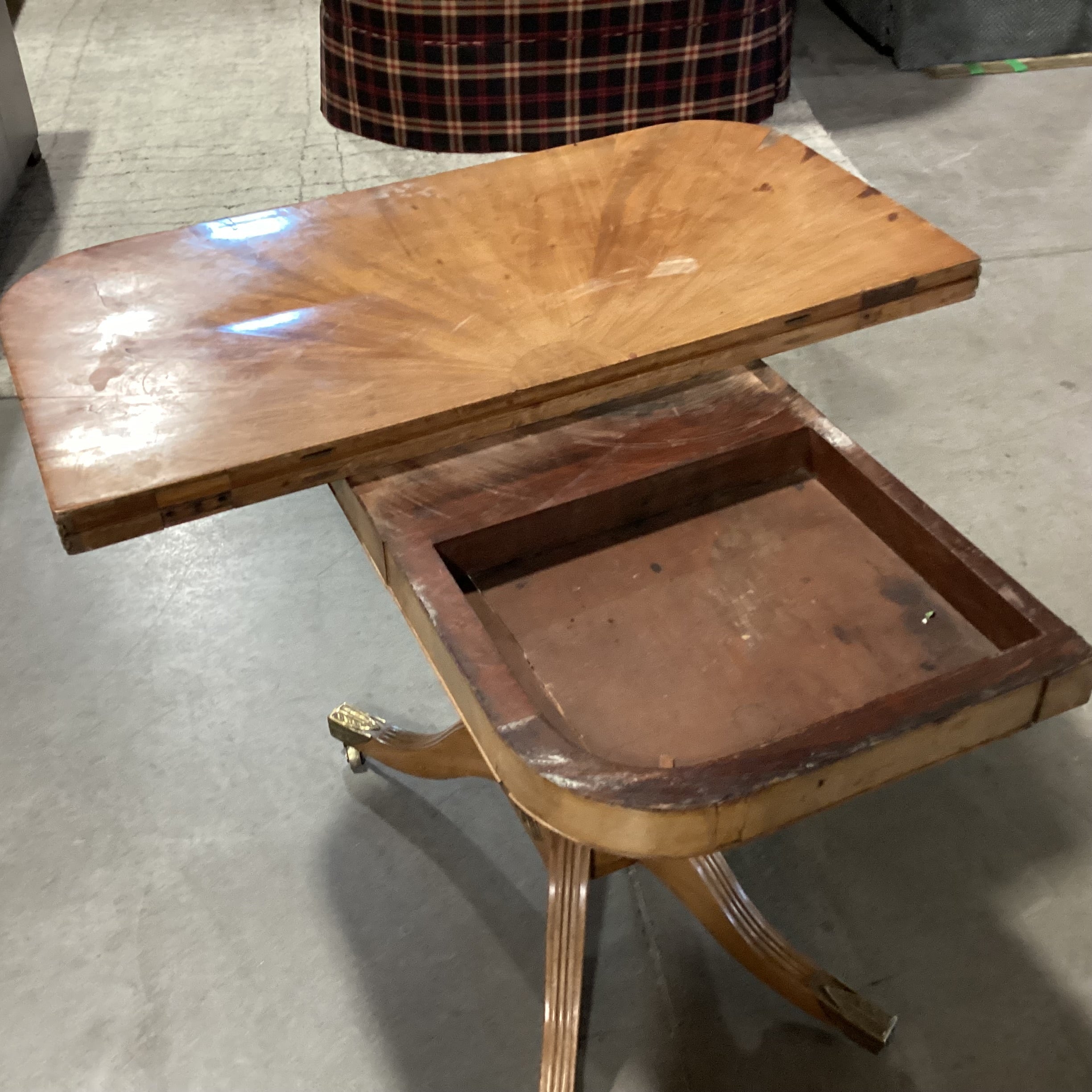 Antique Carved Wood & Veneer Twist Top to Open with Harp Pedestal & Brass Accents Accent Table 36"x 18" to 36"x 29.5"