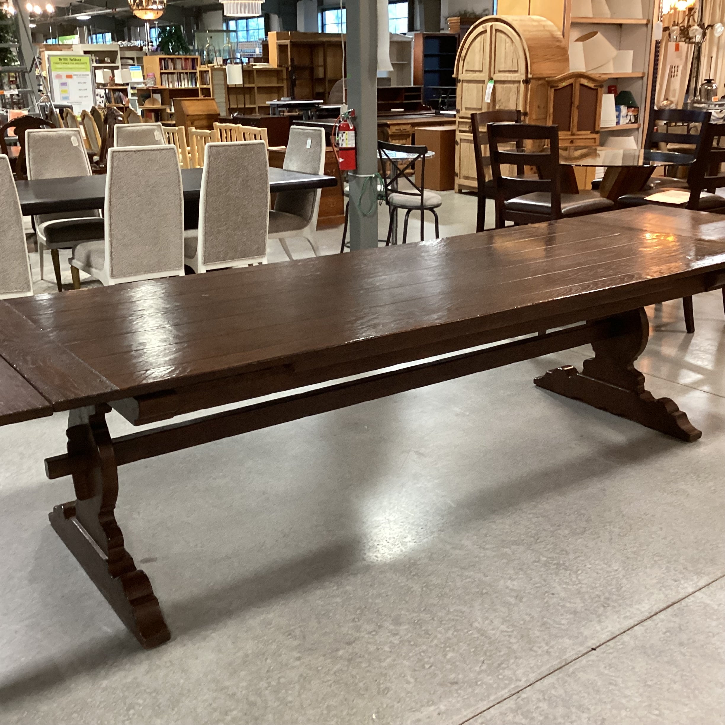 Antique Dark Finish Wood with End Extend Leaves & Trestle Dining Table 108" to 155"x 42"x 30.5"