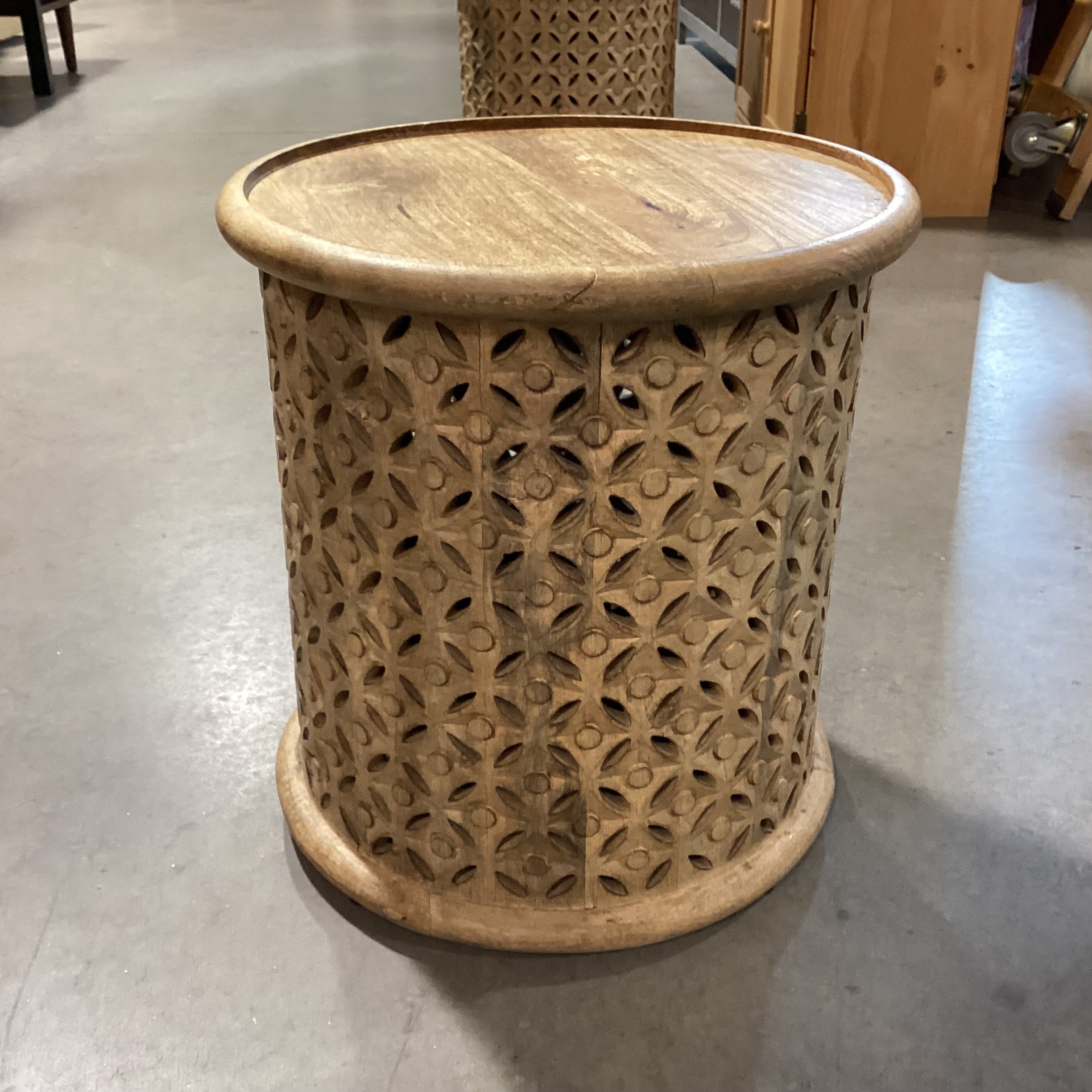 Carved Wood Cutout Round Drumlike End Table 17" Diameter x 18.5"