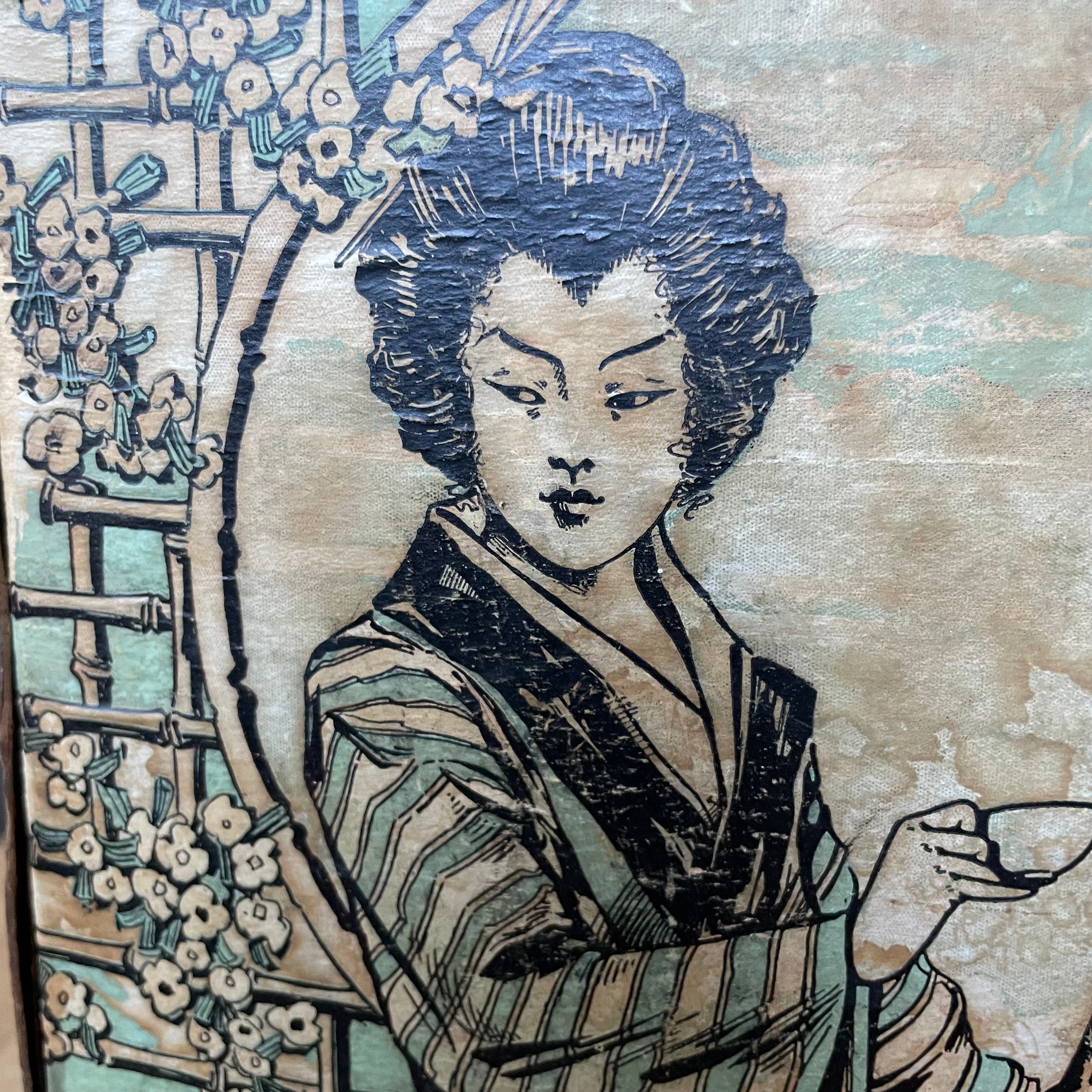 Antique 1913 Montgomery-Ward 5Lb Cardboard Japanese Geisha Litho w/Liner Tea Box Tin