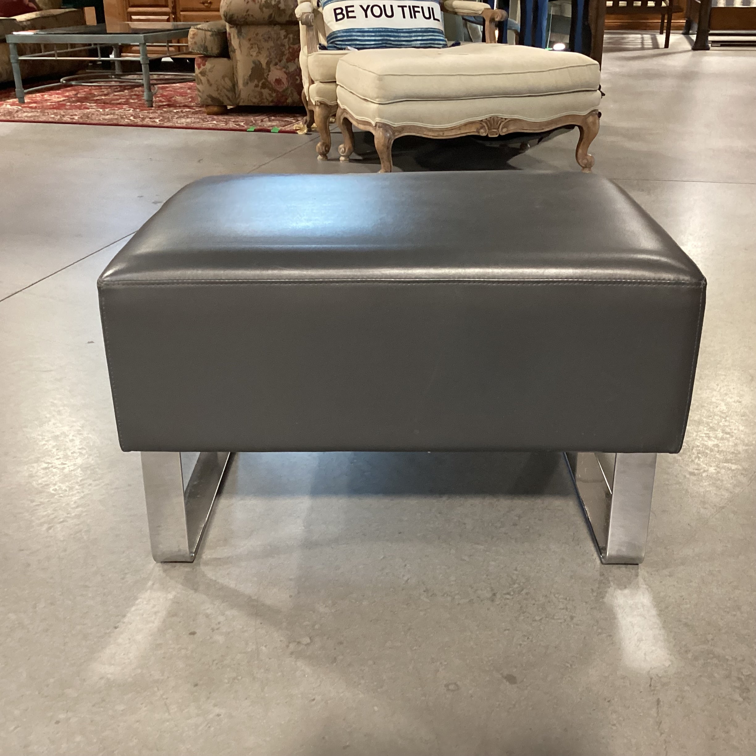 Grey Leather & Chrome Ottoman 28"x 20"x 18.5"