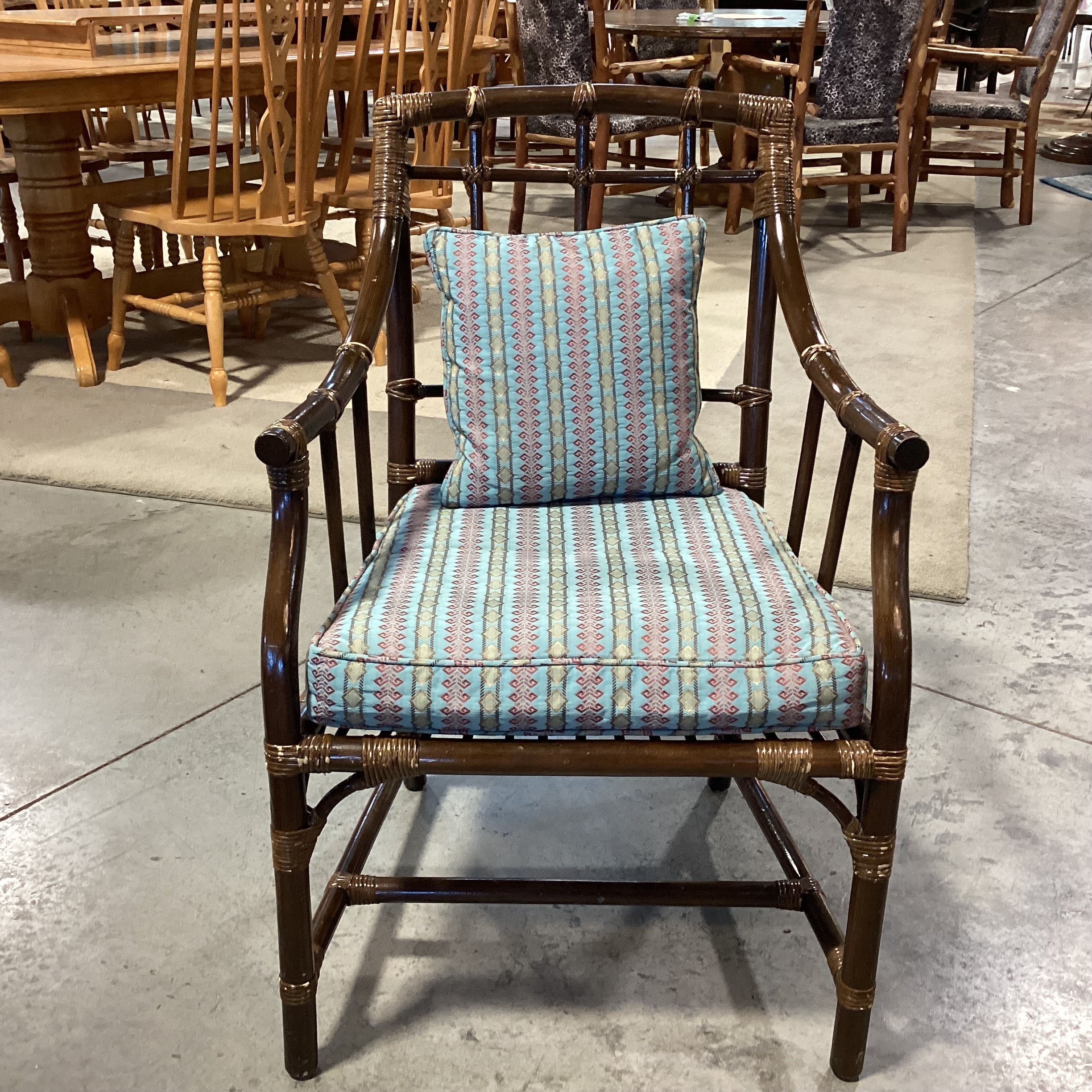 Bamboo Rattan with Blue Red Gold Ribbon Style Fabric Chair 23"x 23"x 34"