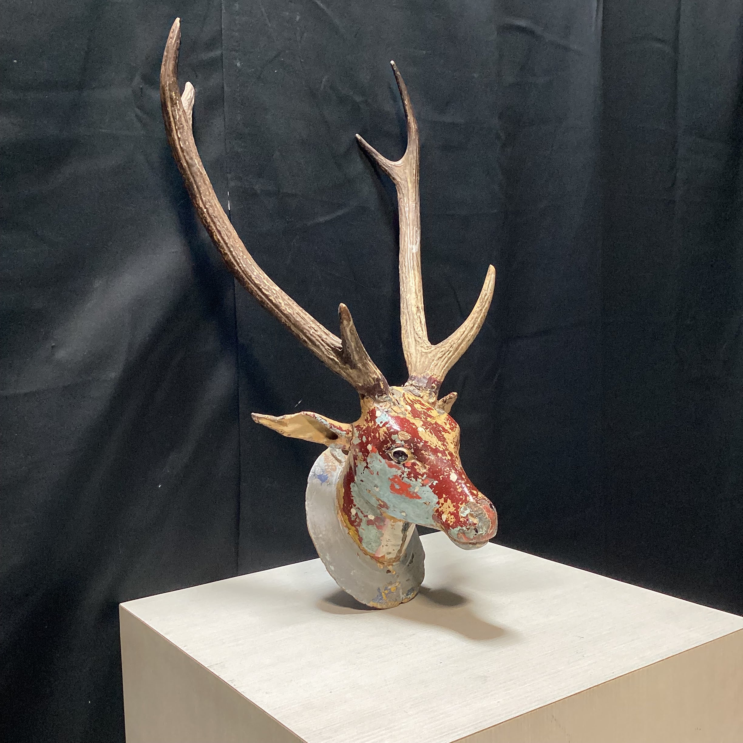 Antique - Vintage Carved Wood Deer Head With Real Antlers 14" x 28"