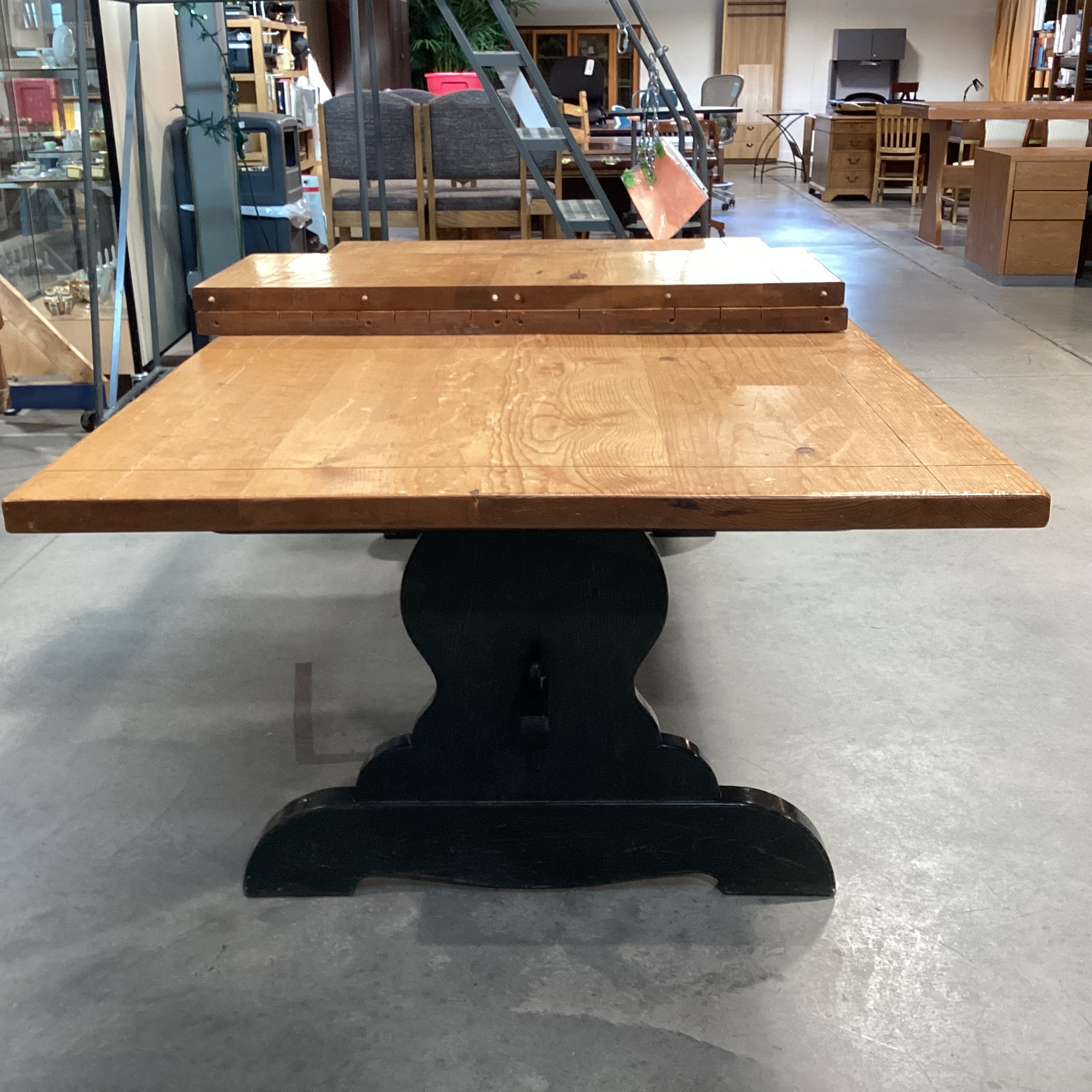 Solid Natural & Dark Green Wood Farmhouse Style with Trestle & 2 Leaves Dining Table 96" to 132"x 47.5"x 31"