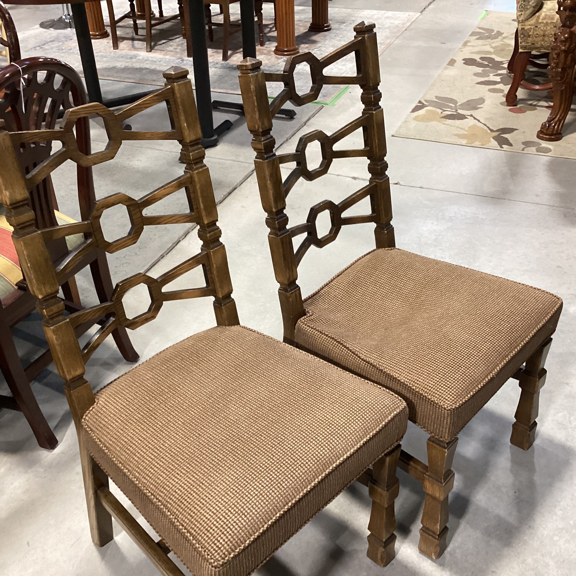 Vintage Antique Carved Oak with Trestle Table & 6 Chairs Dining Set 72"x 40"x 30"