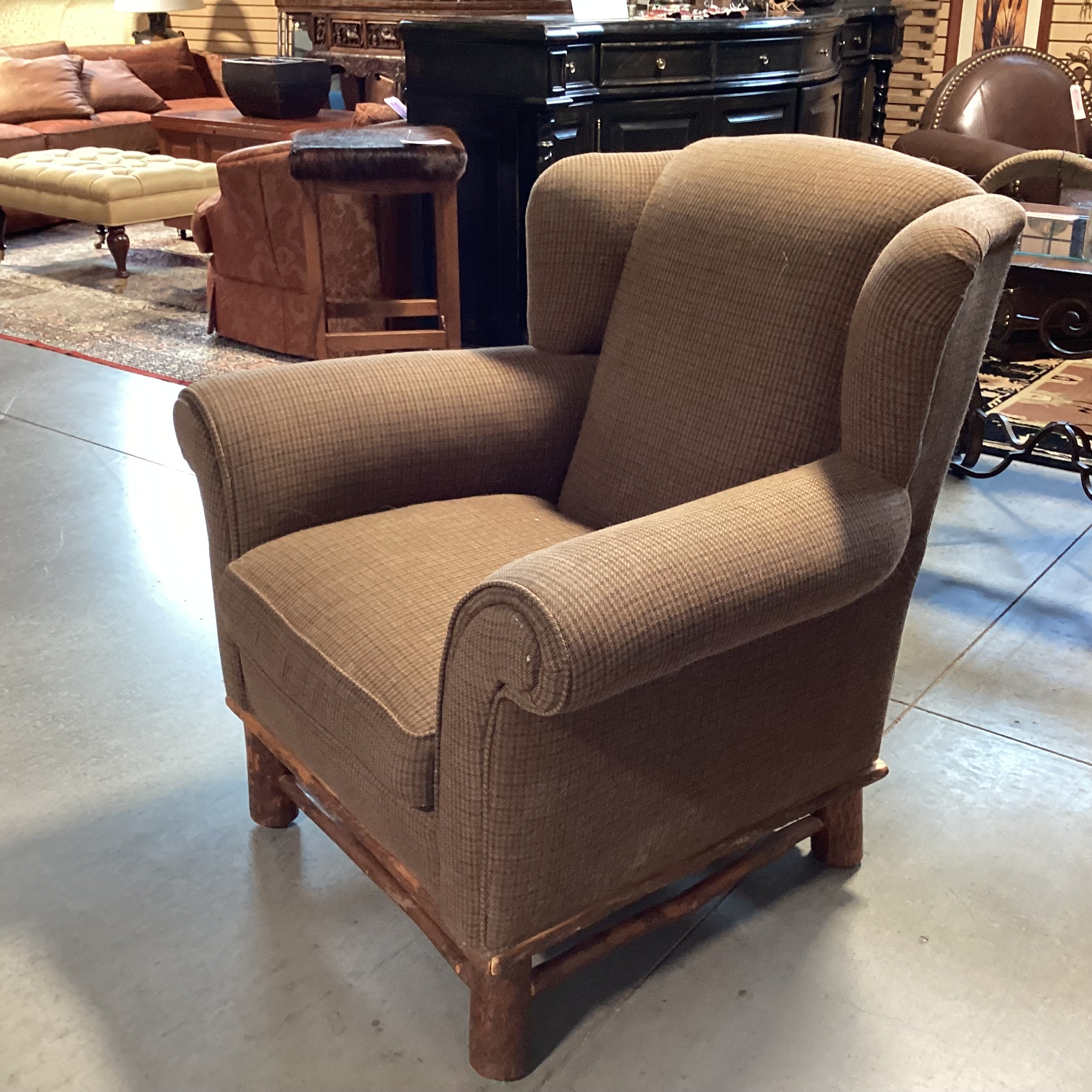 Old Hickory Brown Houndstooth Wool Blend & Log Winged Chair 39"x 32"x 39"
