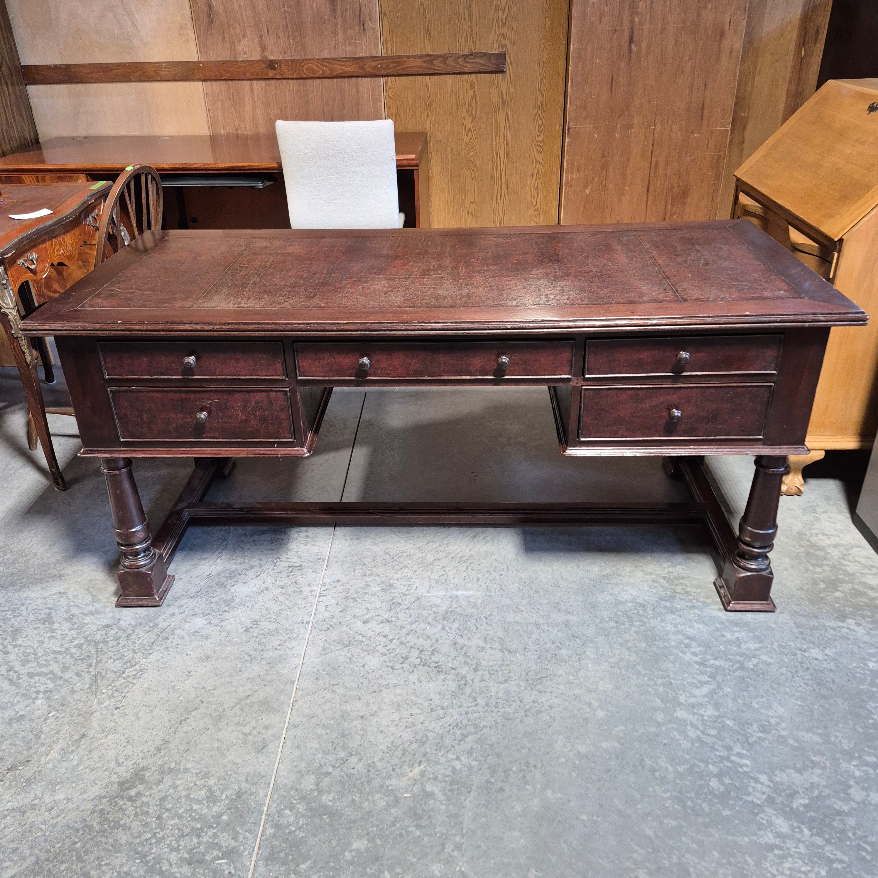 South Cone Dark Finish Carved Wood Leather Top 5 Drawer & Trestle Desk 68"x 31"x 30.5"