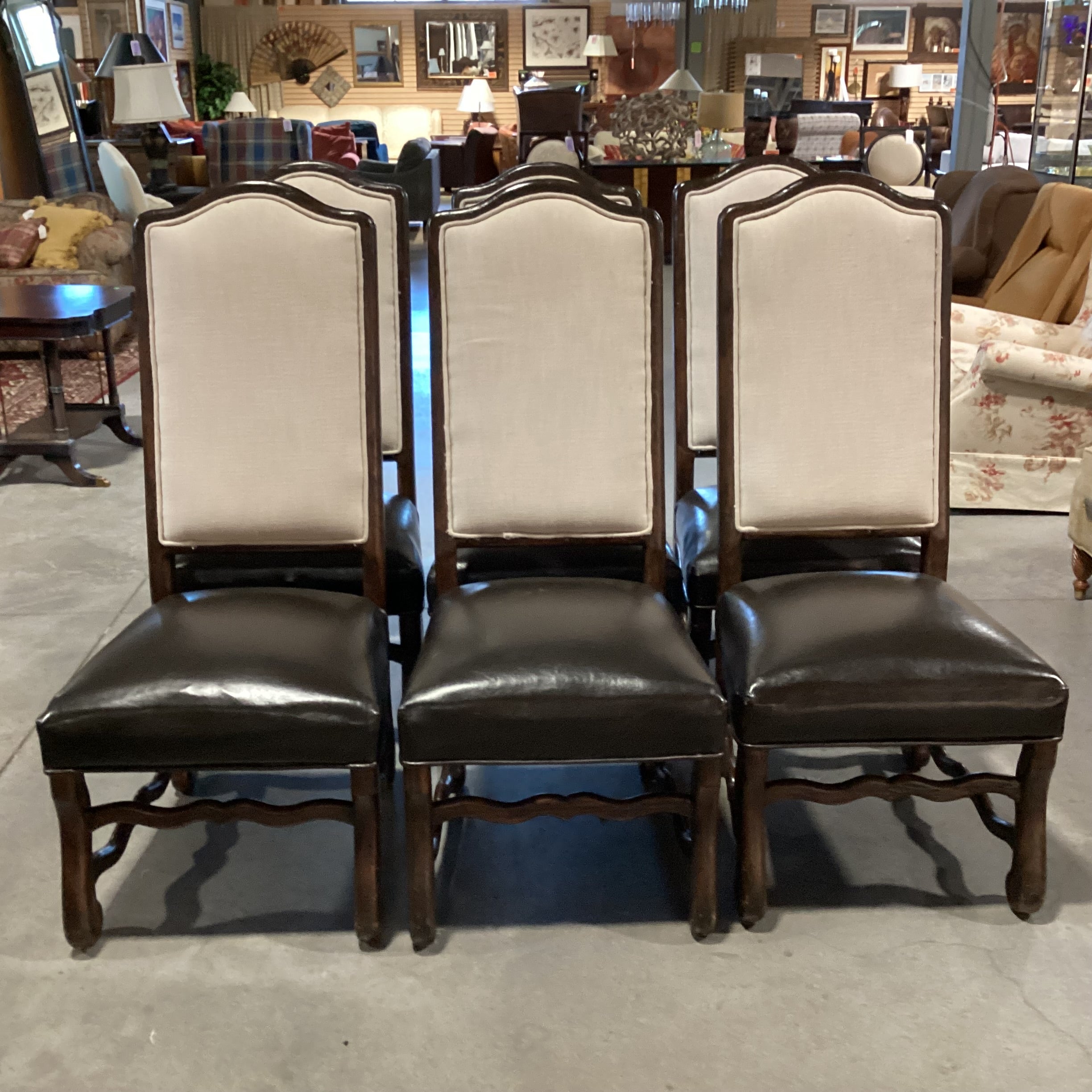 SET of 6 Carved Wood Leather & Linen Dining Chairs 21"x 22"x 49"