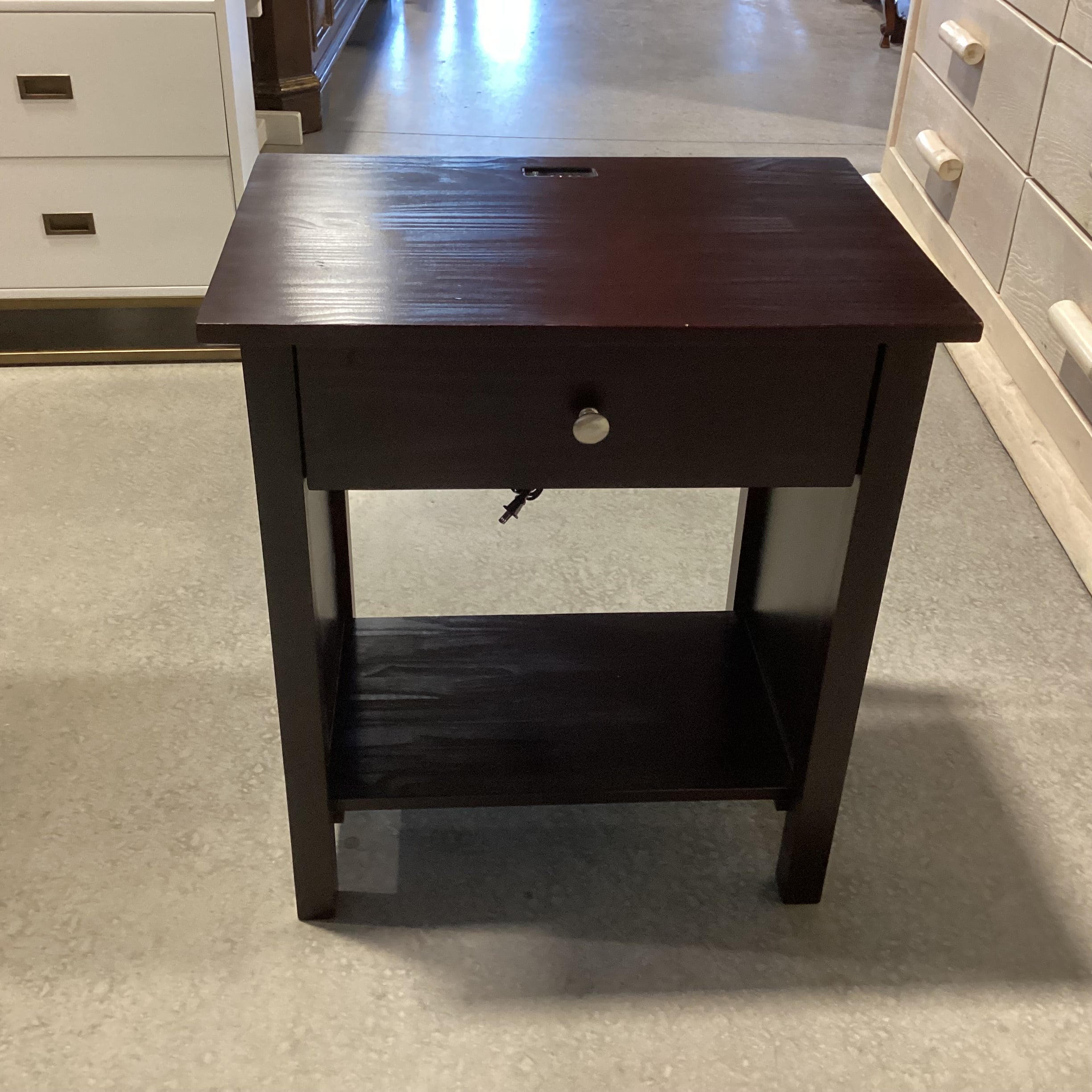 Dark Finish Wood 1 Drawer With Bottom Shelf & Plug In USB Outlet Nightstant 24"x 17"x 27"