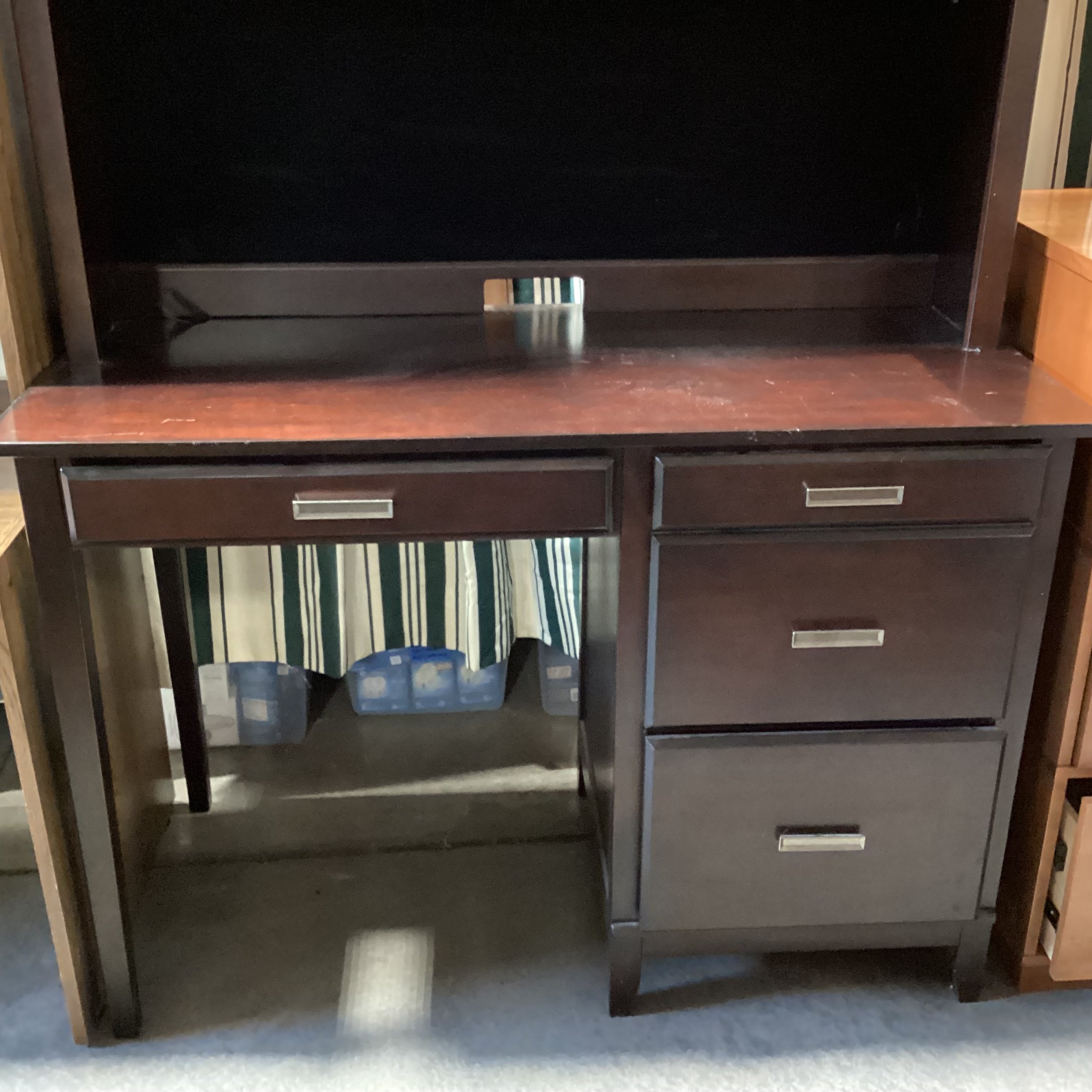 Solid Dark Wood Desk with 3 Drawers and Over Head Display Case 52"x 24"x 71"
