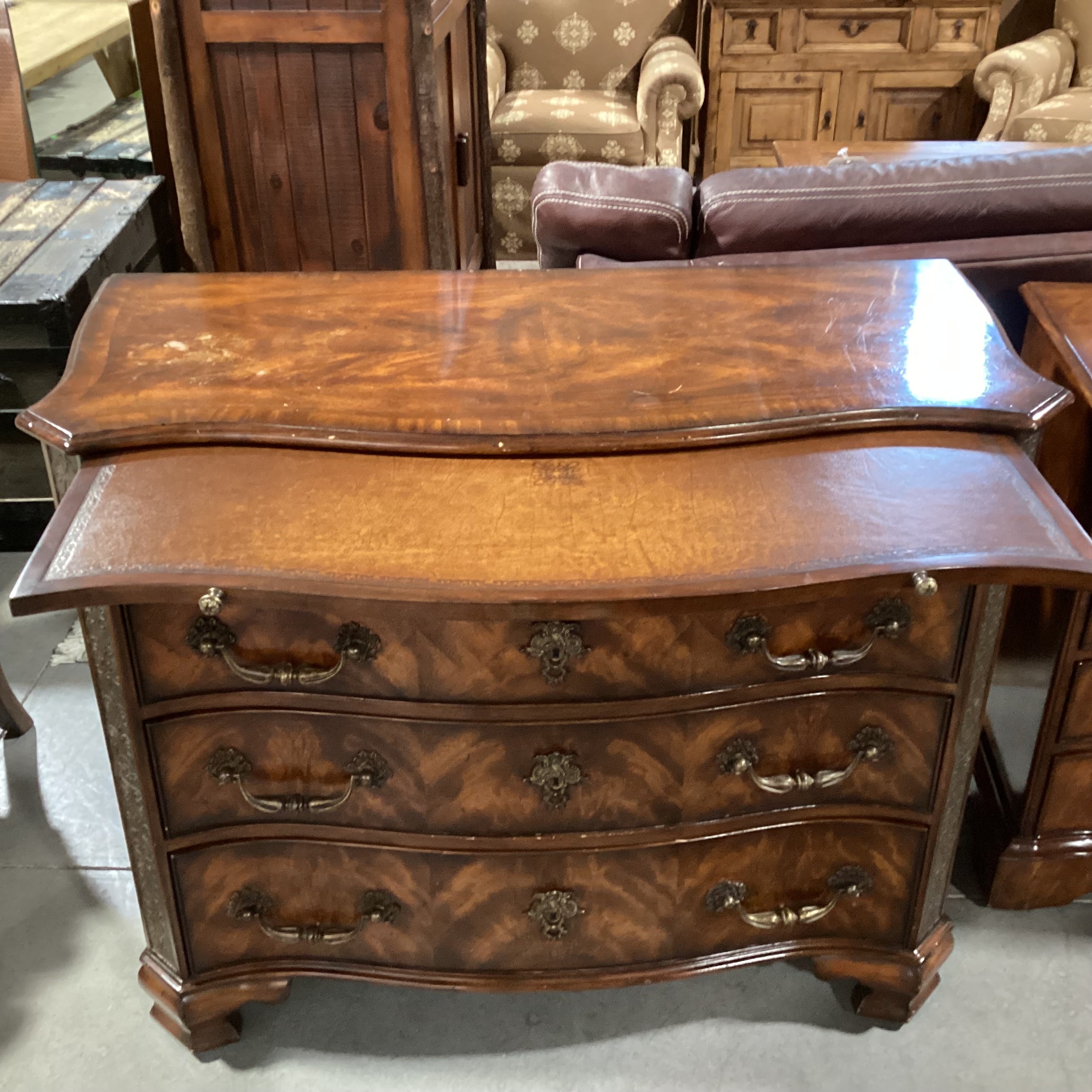 Theodore Alexander Flamed Mahogany Veneer & Carved Wood Ornate Brass Accent 4 Drawer with Leather Top Pullout Chest 43"x 20"x 36"
