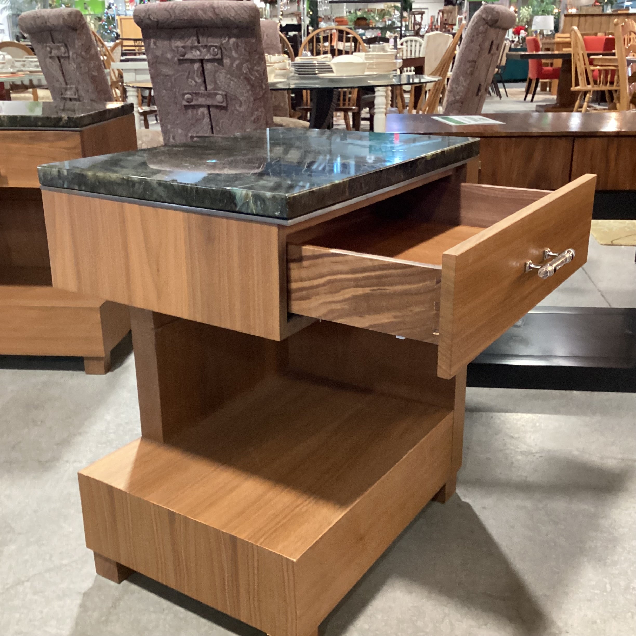 Custom Walnut Soft Close Drawer & Green Black Stone Top Nightstand 24"x 18"x 29"