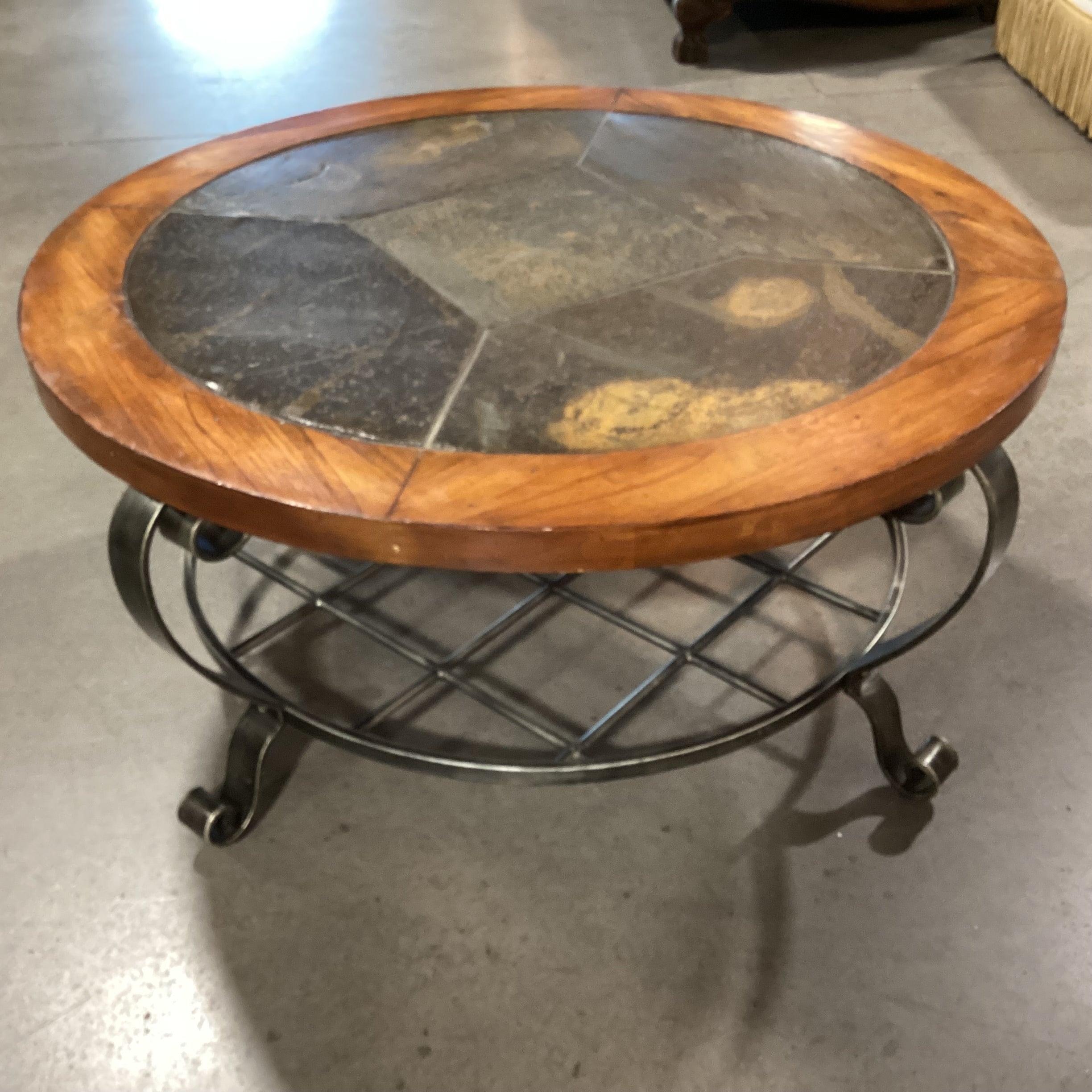 Round Wood Inset Slate Tile & Ornate Metal Base Coffee Table 42" Diameter x 20"