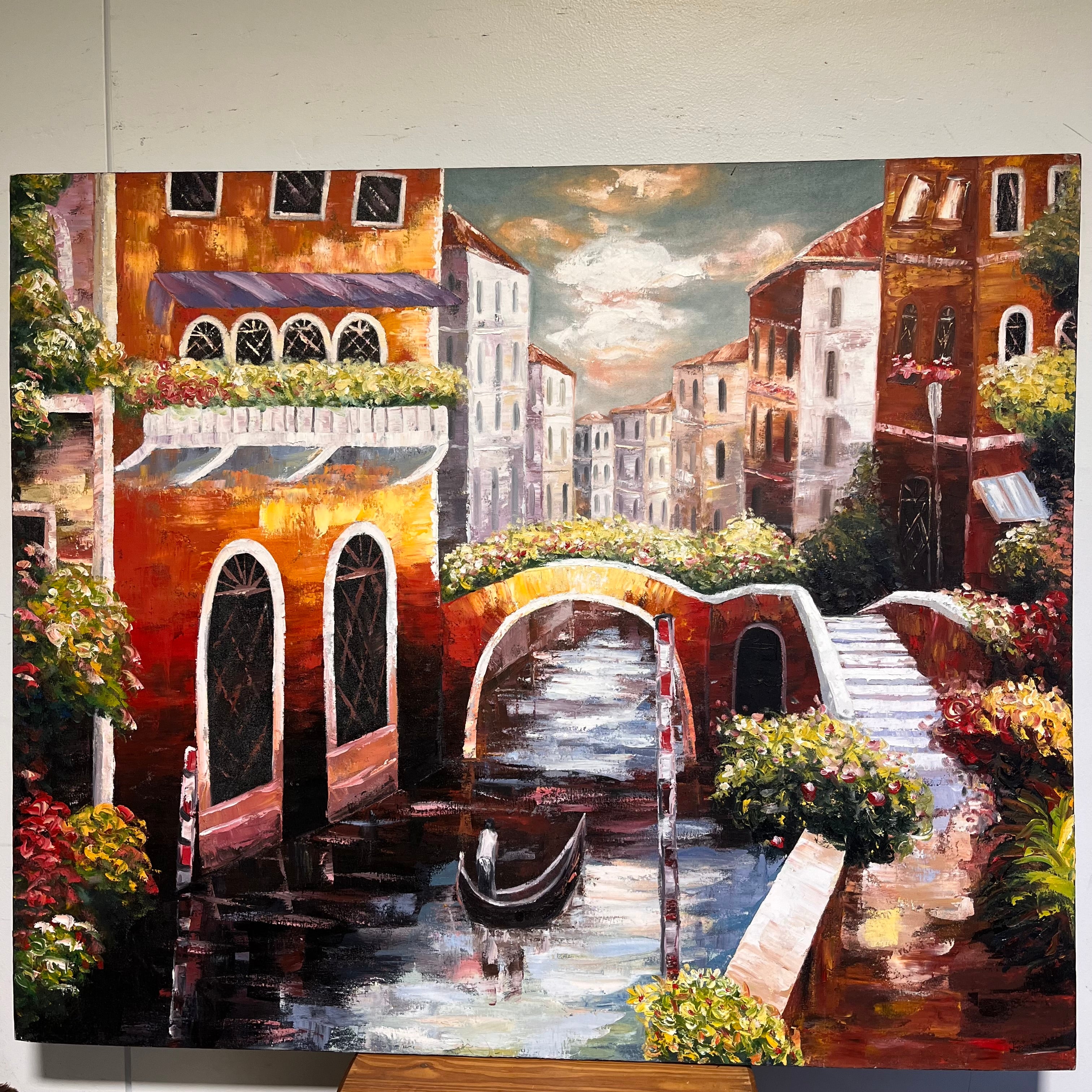 Original Venice Canal Scene Painting on Canvas Wall Decor; 47"x 39.5"