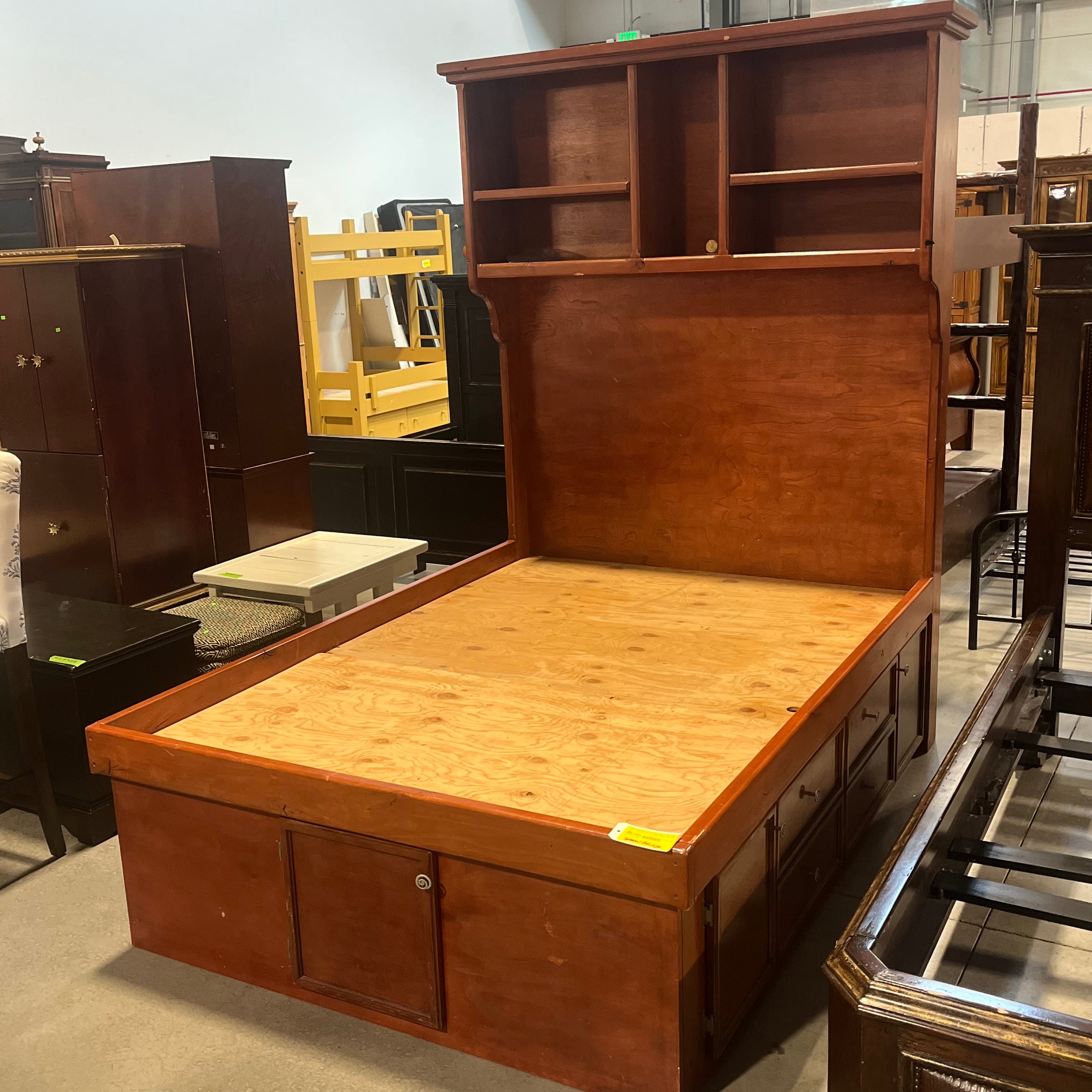 Full Solid Cherry Stained Wood bed set with High Shelves, 8 Drawers, and 5 Cabinets 58.5"x 81"x 85"