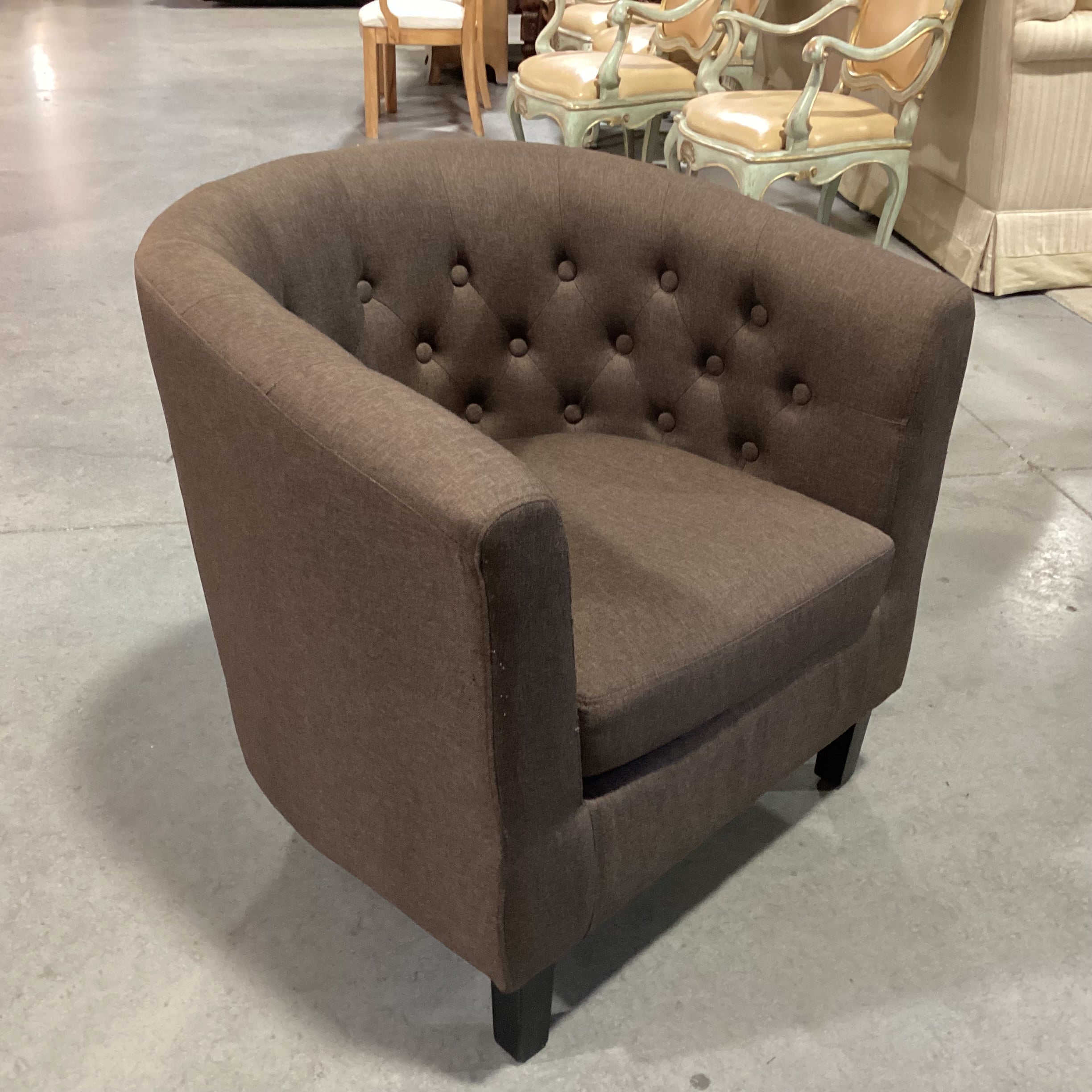 Brown Linen Button Tufted Barrel Chair 30"x 28"x 30"