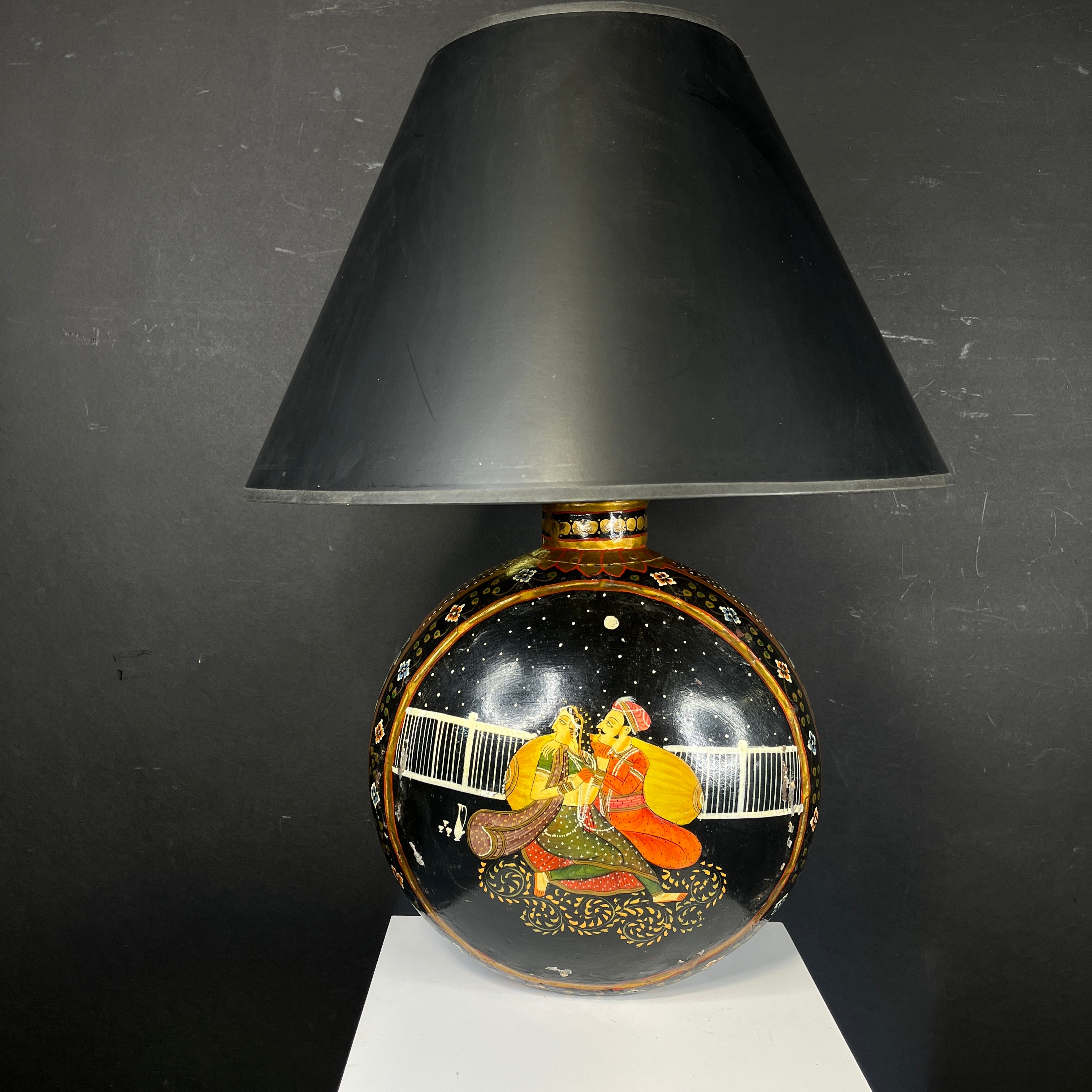 Vintage Double Sided Hand Painted Black and Gold Lovers Metal Vase with Shade Table Lamp 18” Diameter @ Shade x 25”