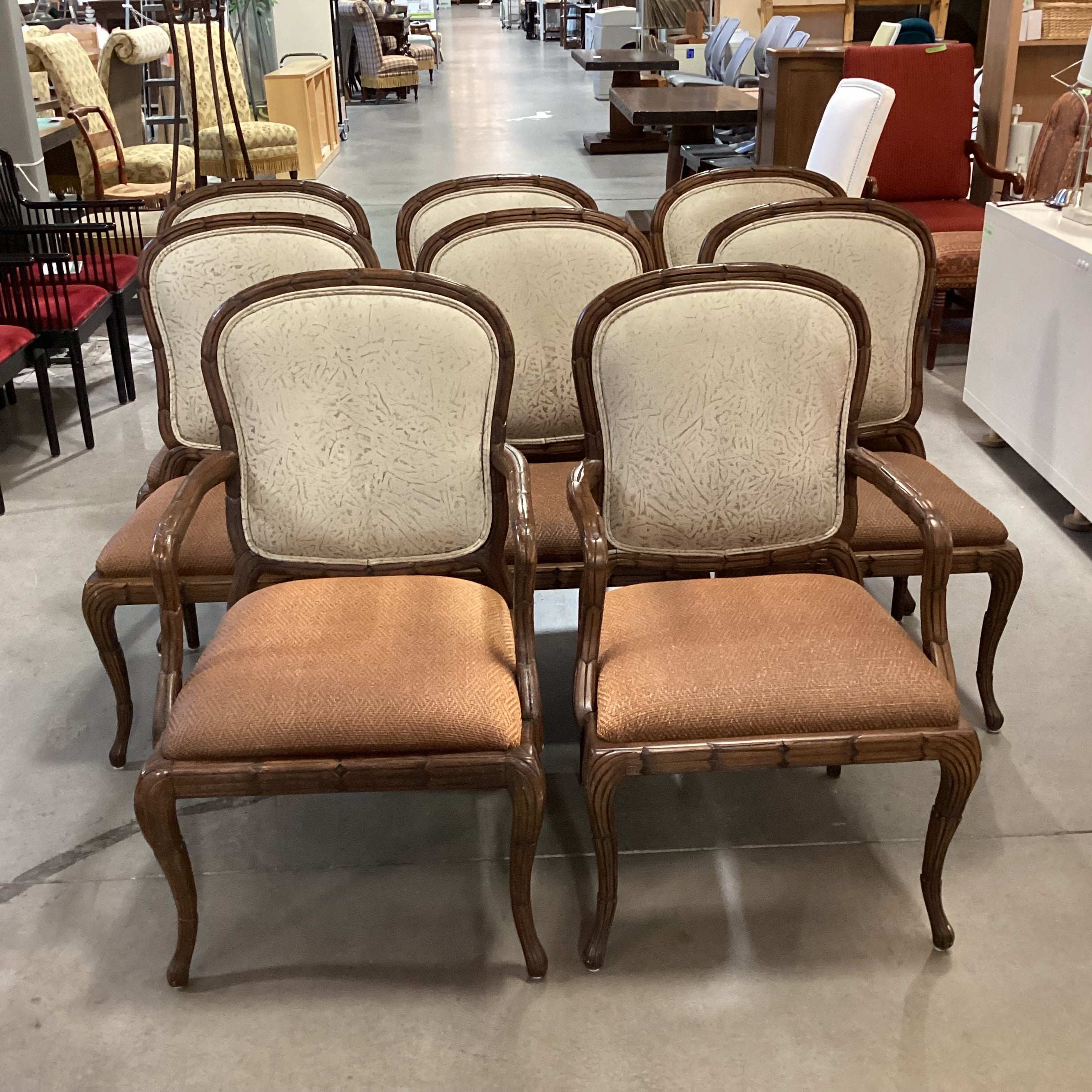 SET of 8 Ornate Carved Wood with Leather  Woven Seat & Suede Back Dining Chairs 24"x 22"x 40"