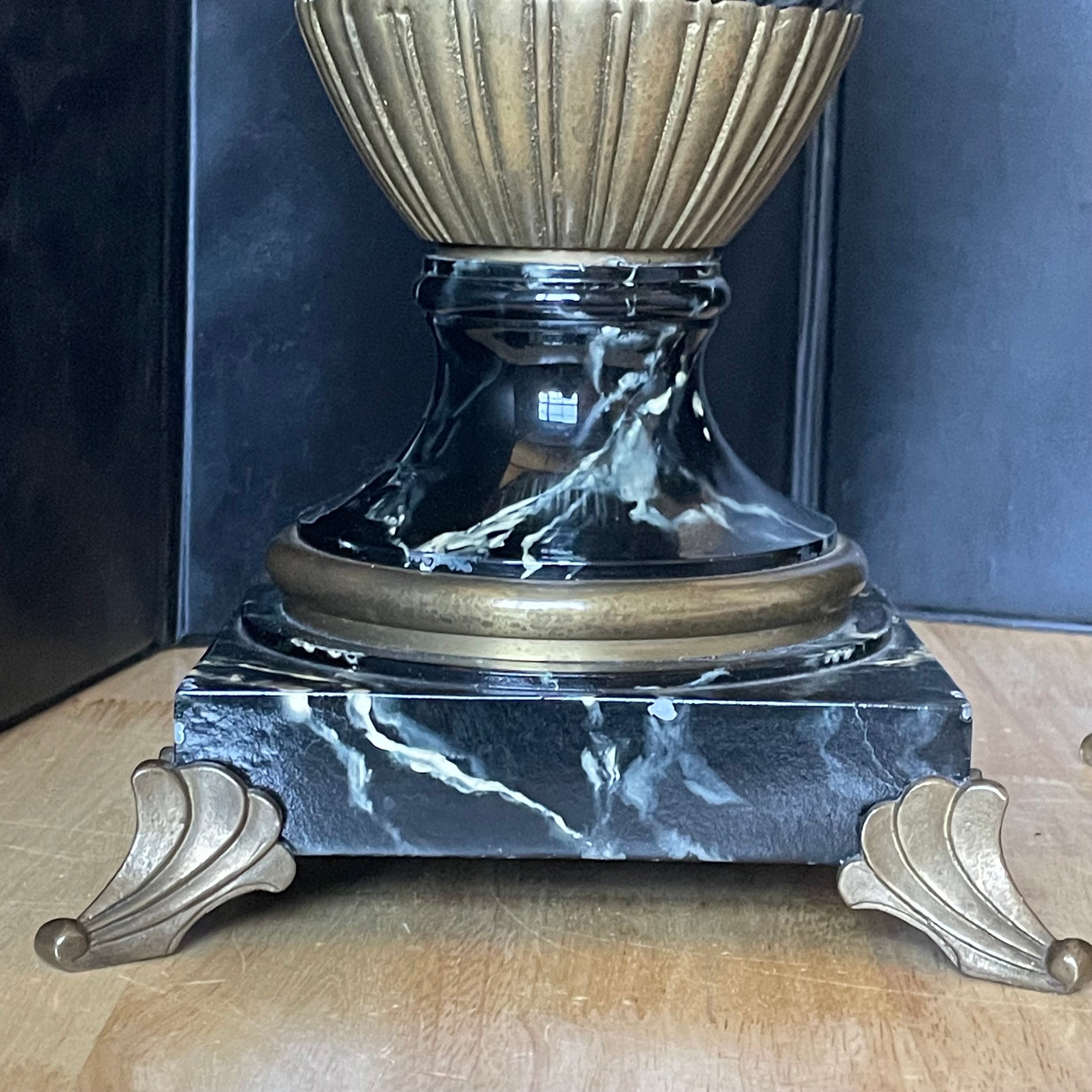 19th Century French Louis VXI Style Vert de Patricia/Blue-Veined Marble, Bronze, Ormolu Urns, Pair