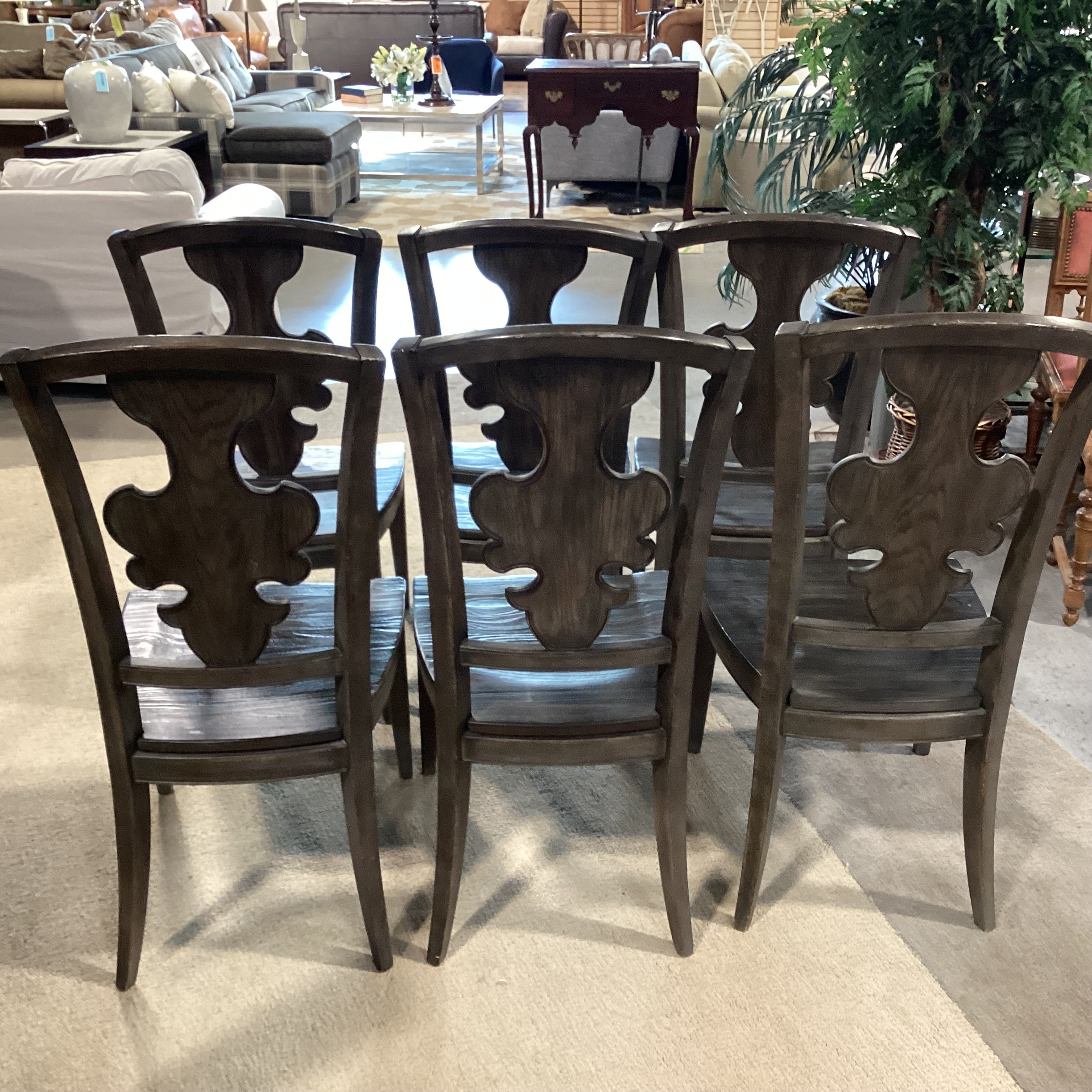 SET of 6 French Country Grey Washed Wood with Detail Back Dining Chairs 19"x 20"x 41.5"