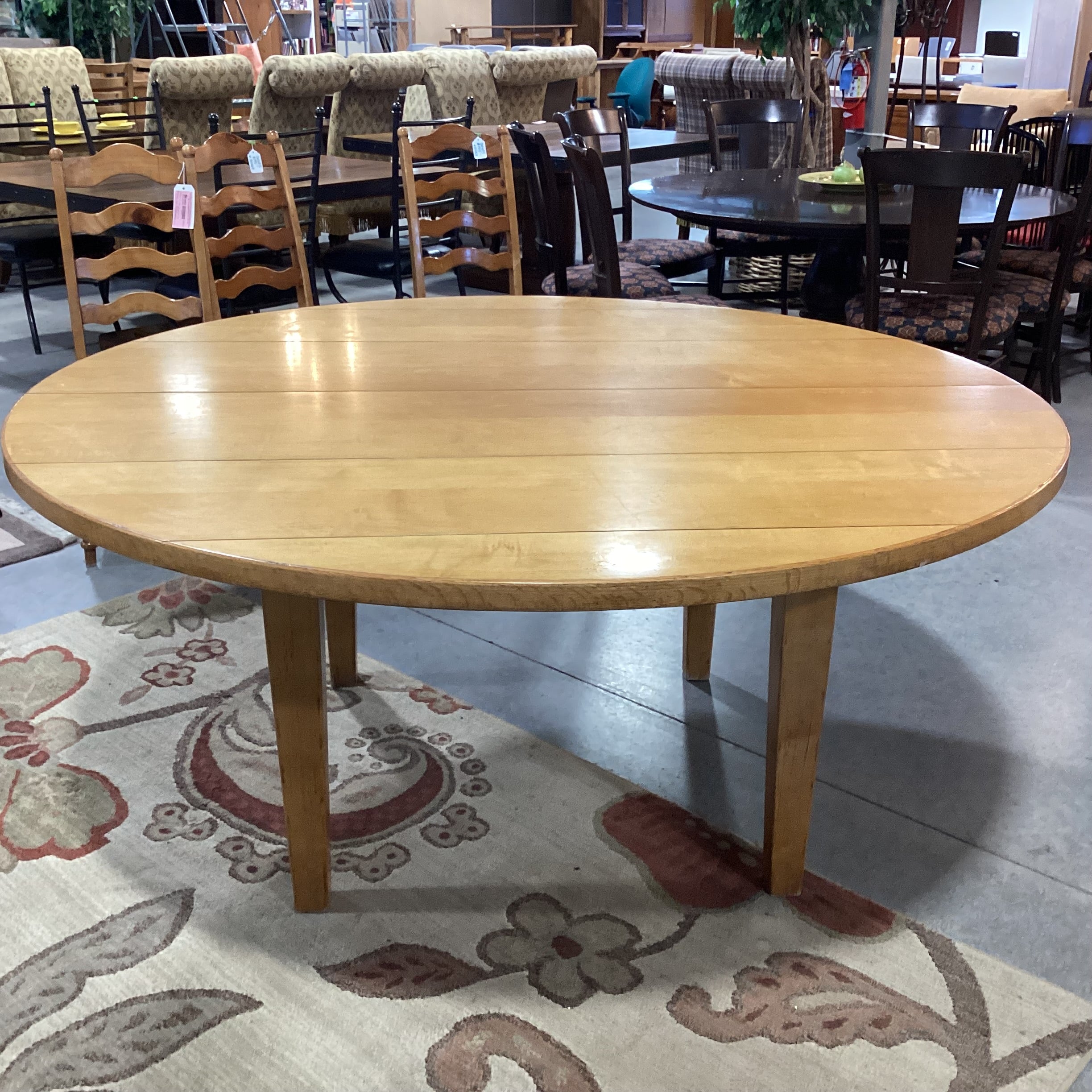 Round Light Distressed Plank & Carved Wood Dining Table 68" Diameter x 30"