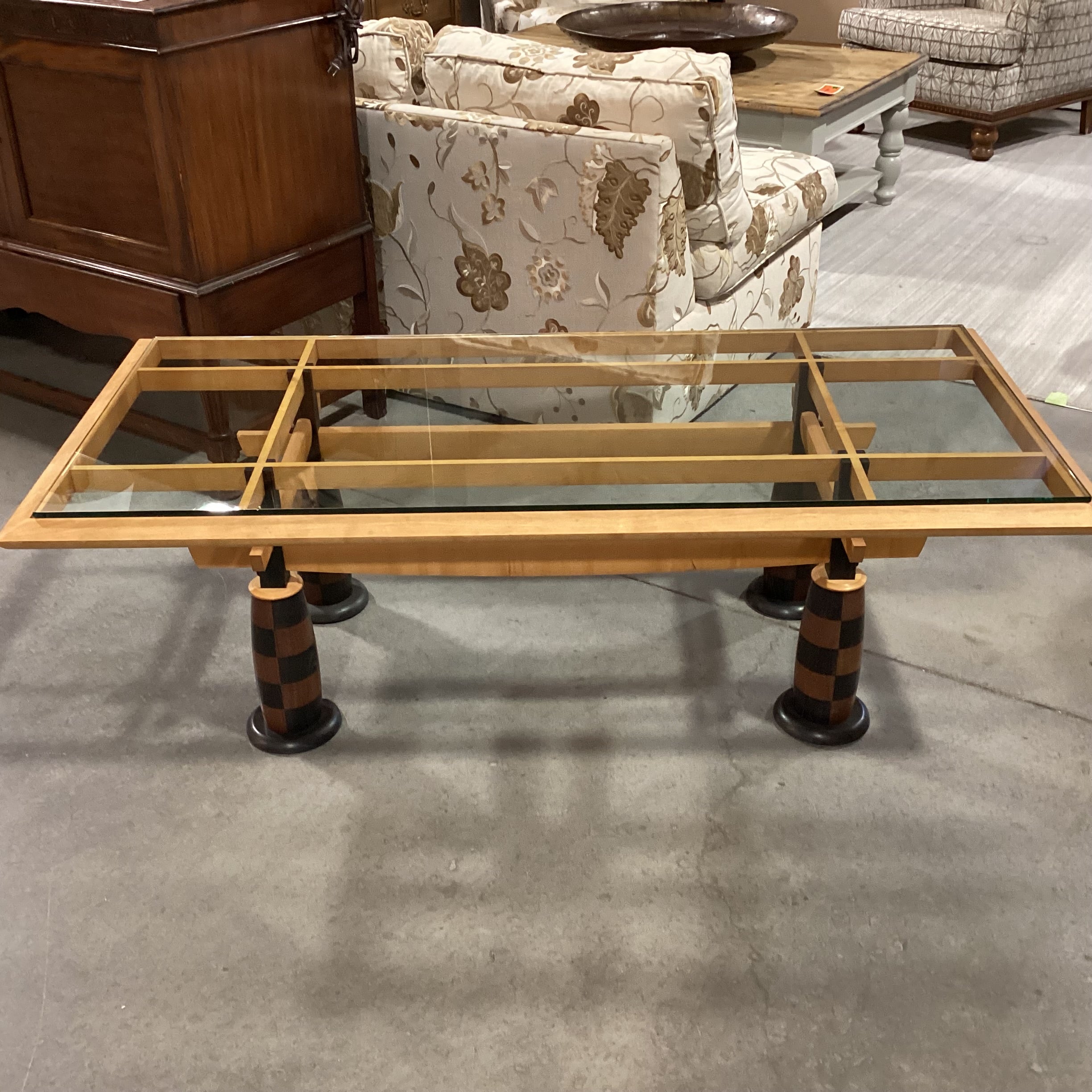 Vintage Mid Century Modern Wood & Glass with Checker Board Pattern Legs Coffee Table 59"x 28"x 19"