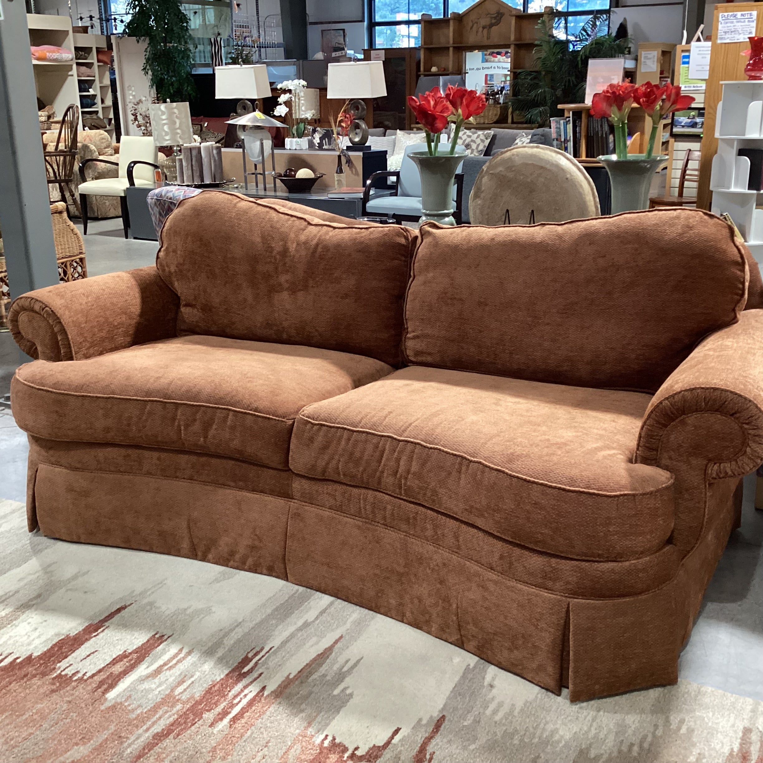 Ethan Allen Burnt Orange Chenille Woven with Roll Arm Curved Sofa 90"x 45"x 35"