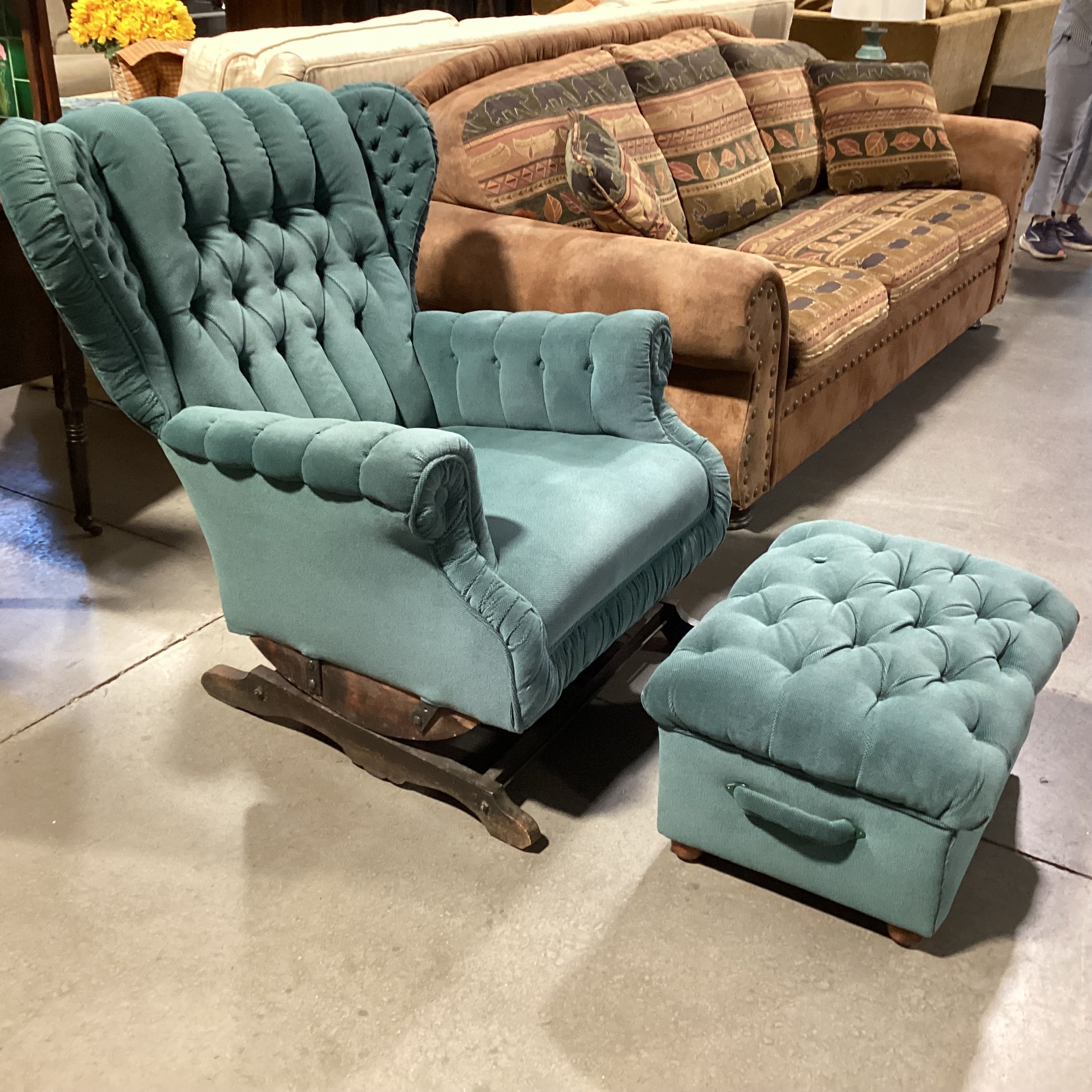Vintage Antique Teal Tufted Winged with Ottoman Rocker Chair 34"x 36"x 39"