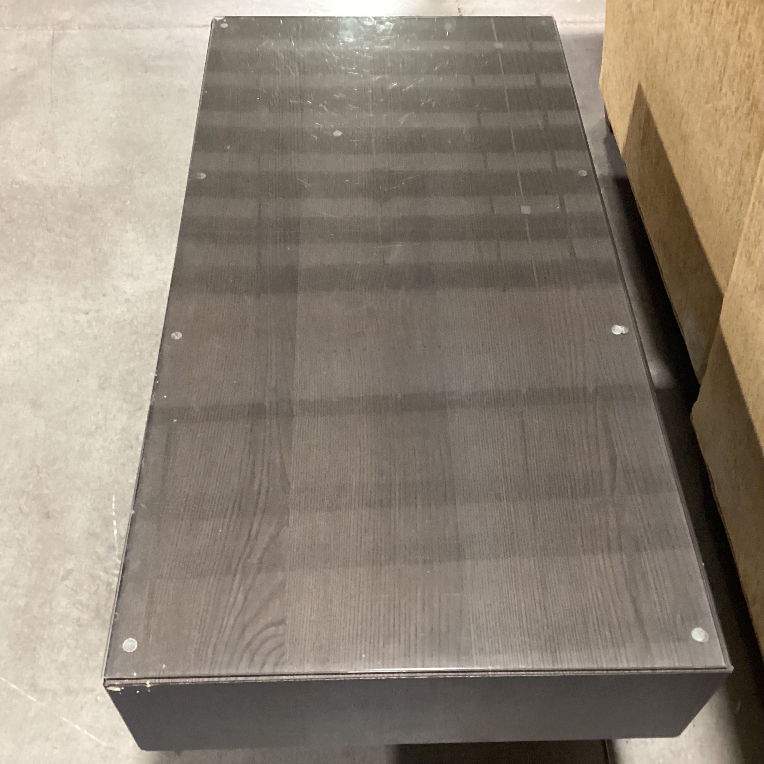 Mid Century Style Dark Wood & Veneer 2 Cubby Glass Top Coffee Table 46.5"x 23.5"x 18.5"