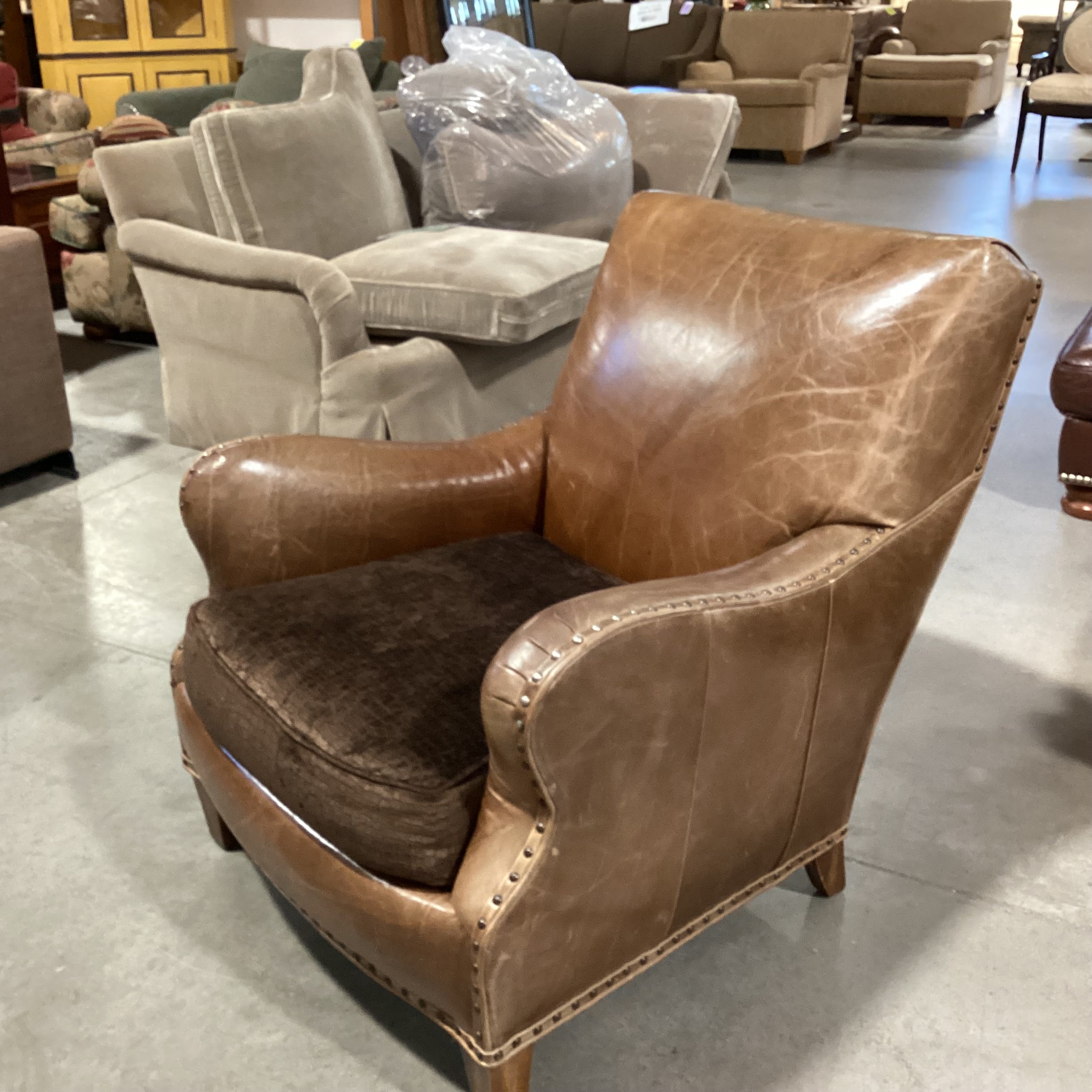 Westley Hall Collection Distressed Leather Nailhead with Brown Upholstered Seat Cushion Chair 31"x 38"x 34"
