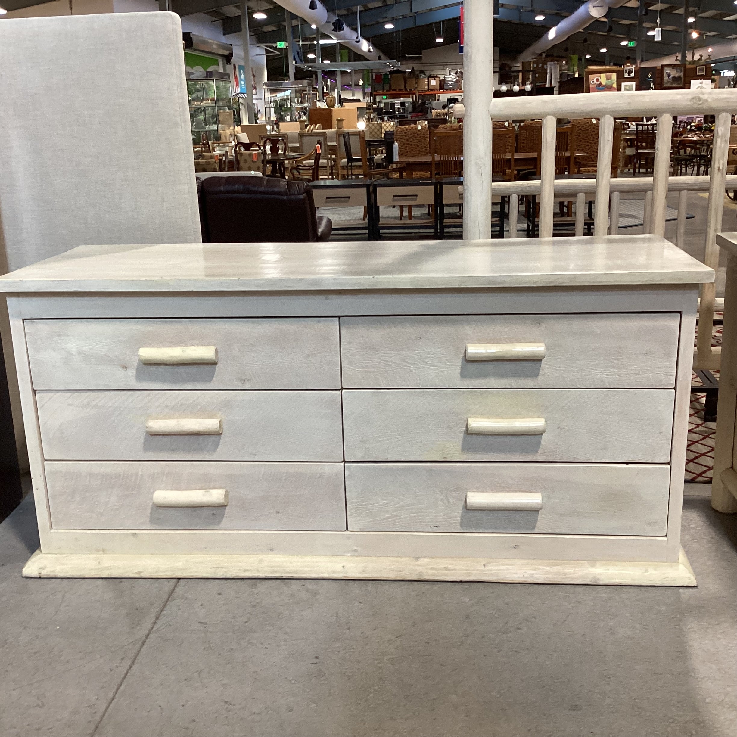 Cream Washed Wood & Log Custom 6 Drawer Dresser 80"x 27"x 37.5"