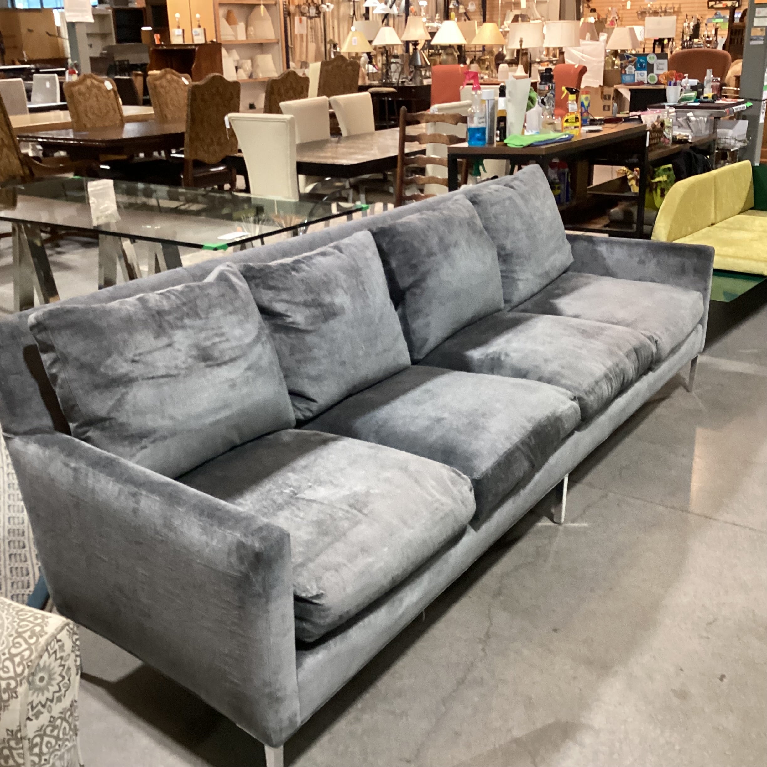 Lee Industries Custom Blue Grey Textured Velvet Down Mix & Chrome Modern Sofa 107"x 36"x 34"