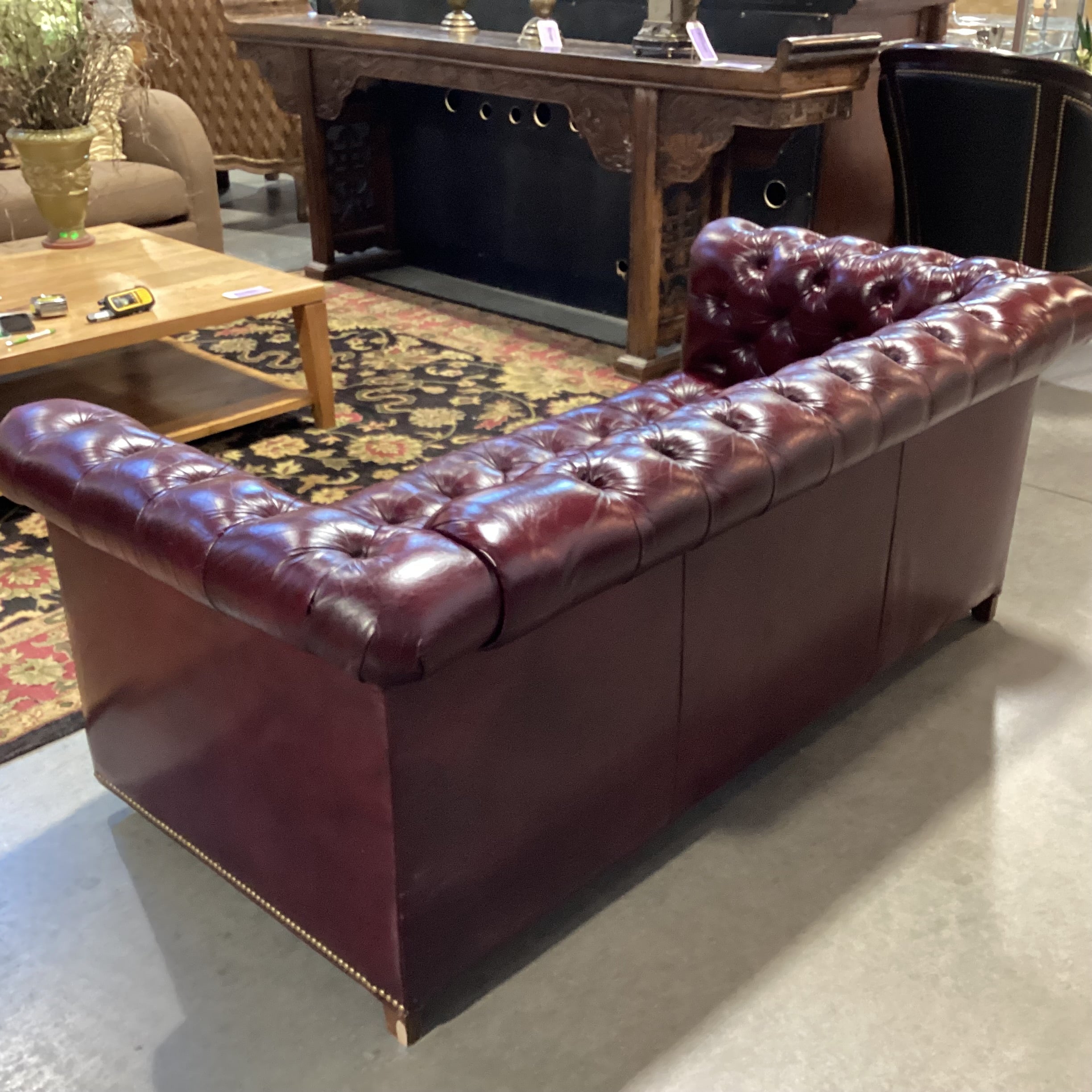 Vintage Burgundy Tufted Leather Nail Head on Casters Chesterfield Loveseat Sofa 69"x 36"x 28"