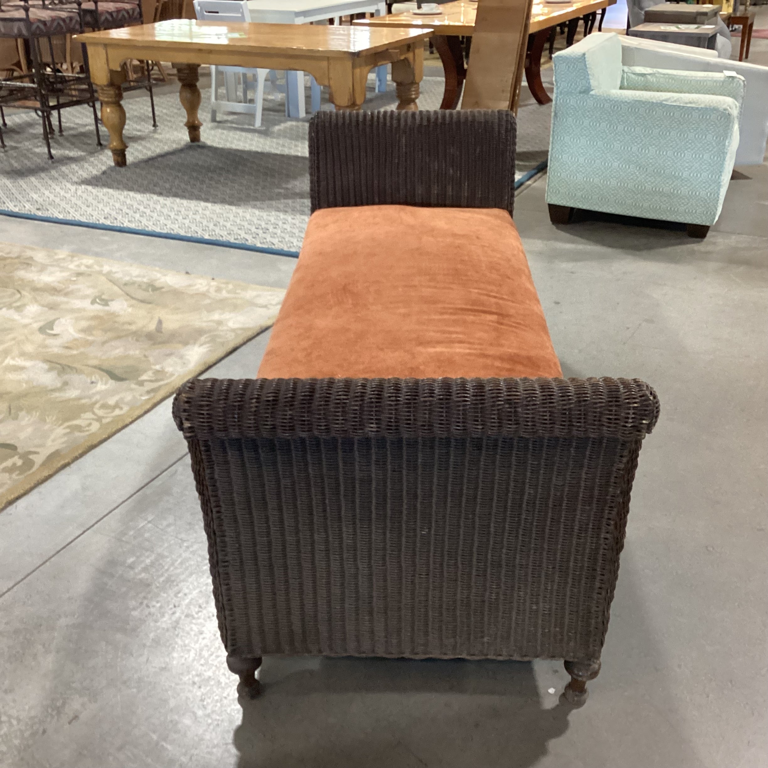 Vintage Antique Wicker & Rust Chenille Woven Bench 90"x 30"x 30"