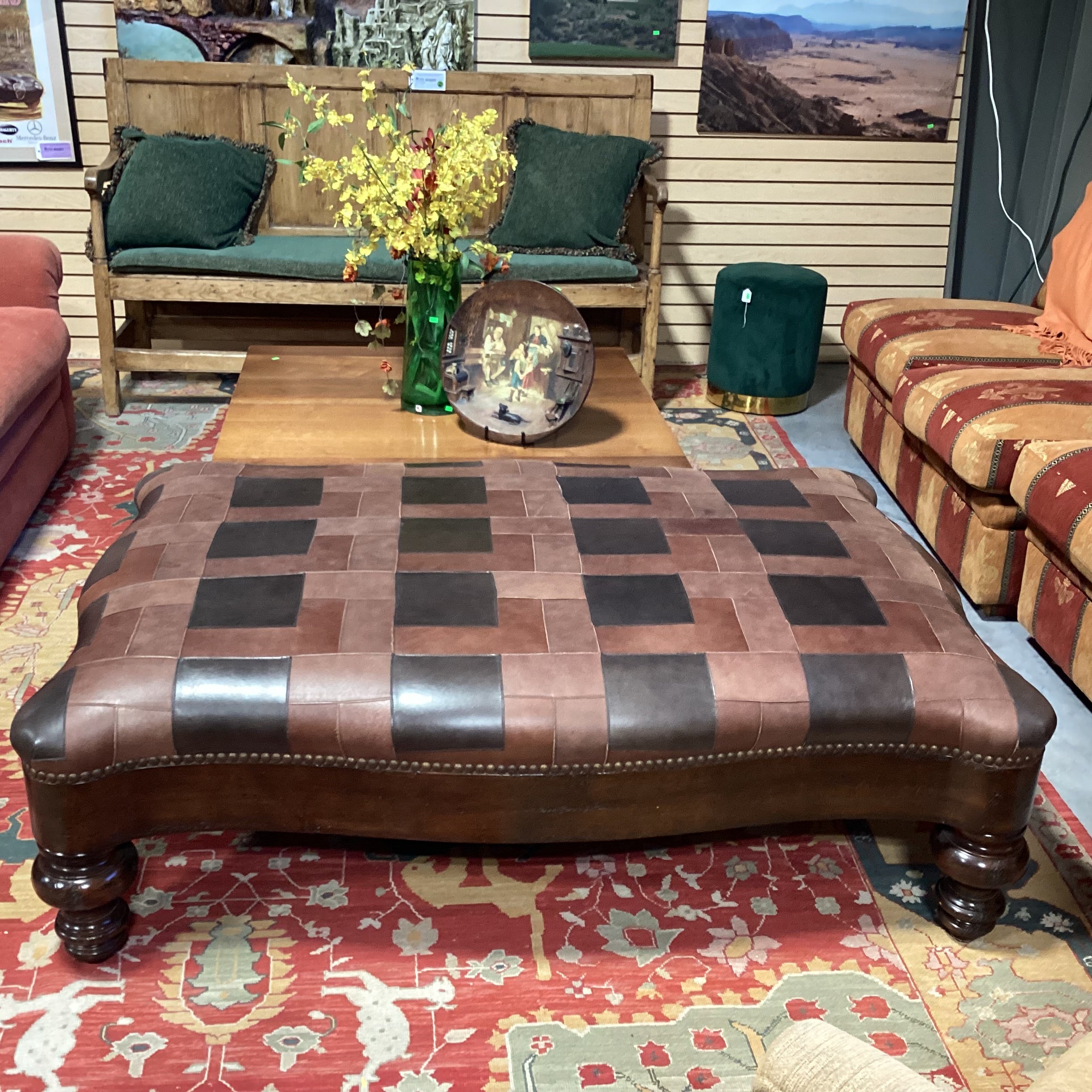 T J Hooker Brown Tones Patchwork Leather Nailhead & Carved Distressed Wood Cocktail Ottoman 61"x 41"x 20"