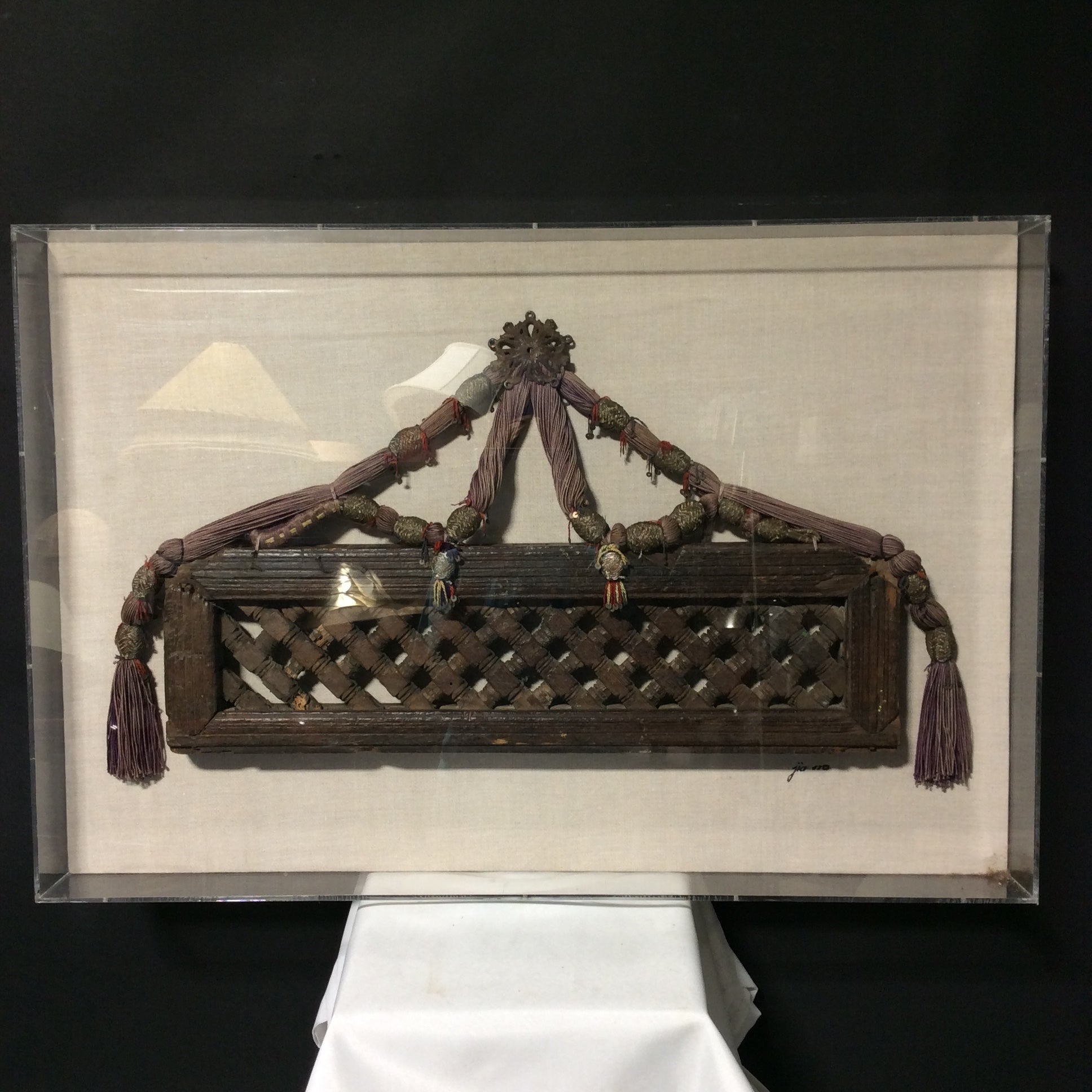 Antique Hand-Carved Wood With Ornamental Fabric Hanger/Attachment In Plexiglass Shadow Box 36" x 25"