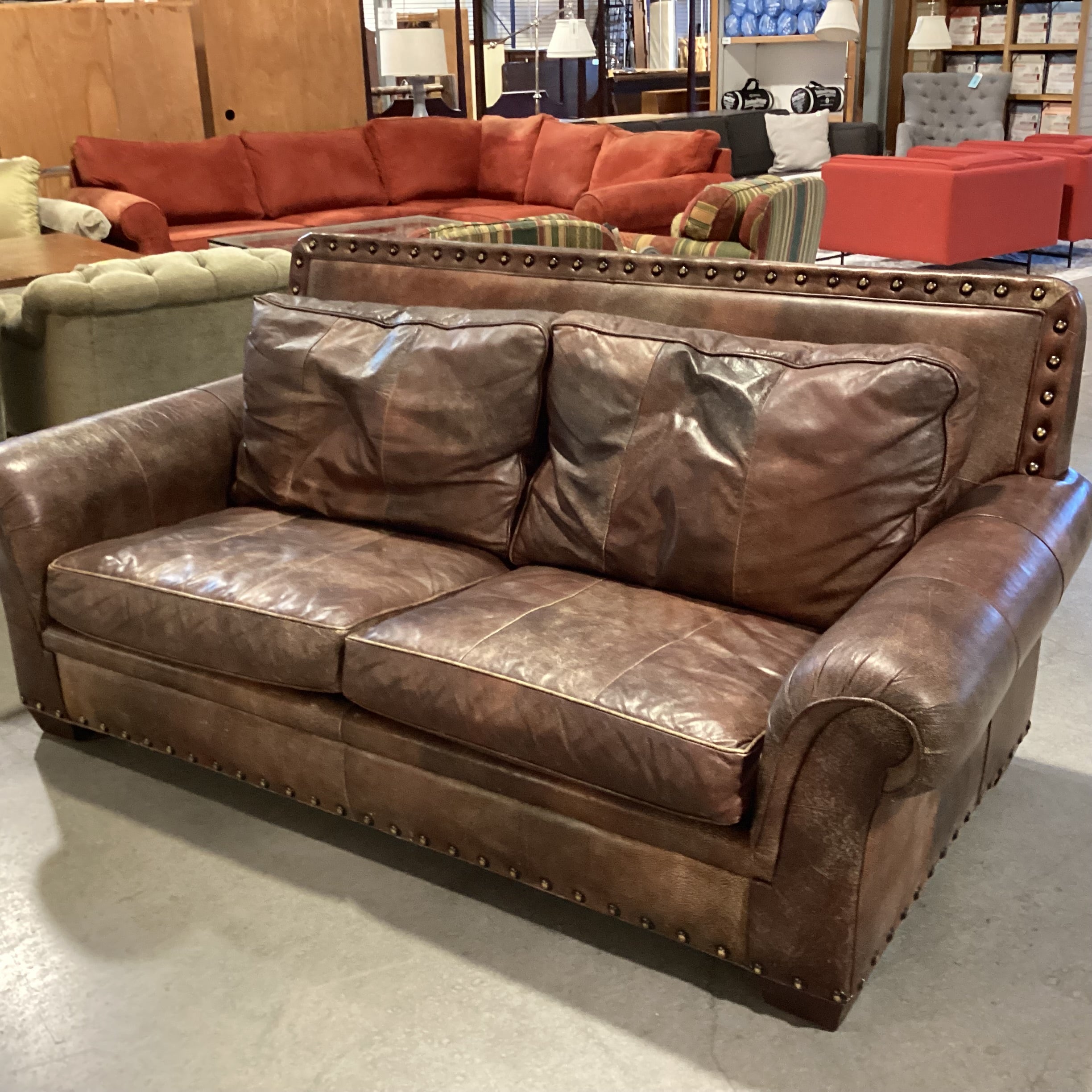Distressed Leather Nailhead Highback Sofa 80"x 41"x 36"